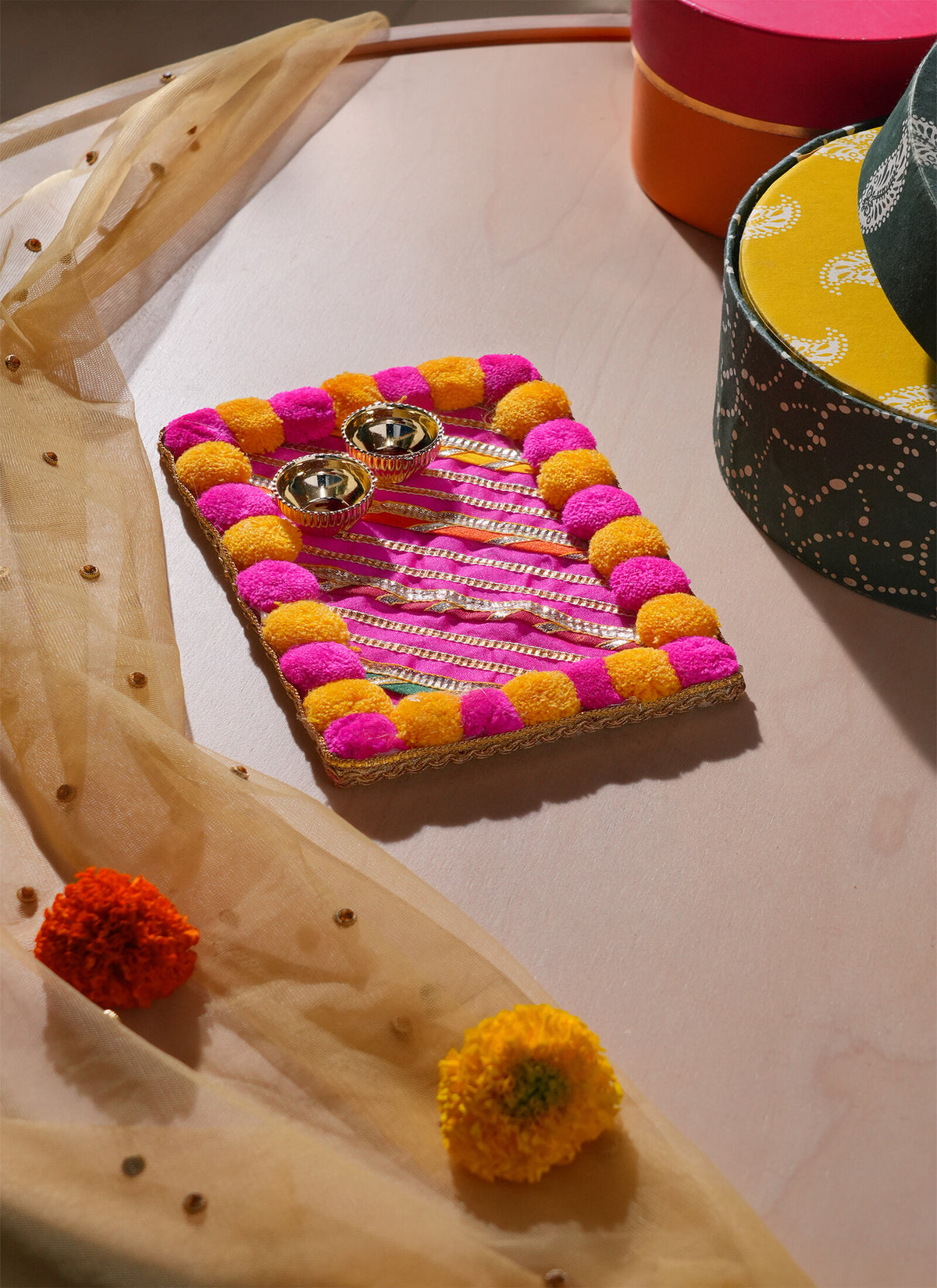 Madhoor Pompom Gota Patti Pooja Thali Yellow Pink 5 x 7 Inches 1 Pair