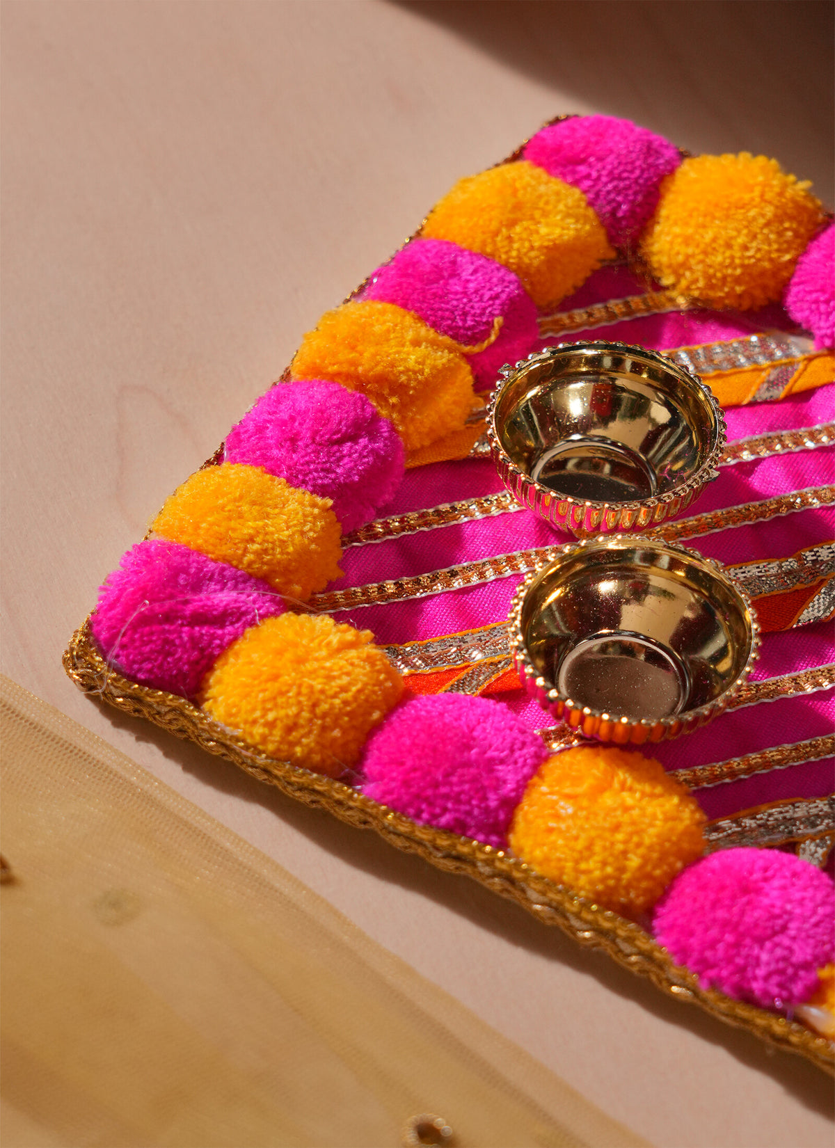 Madhoor Pompom Gota Patti Pooja Thali Yellow Pink 5 x 7 Inches 1 Pair