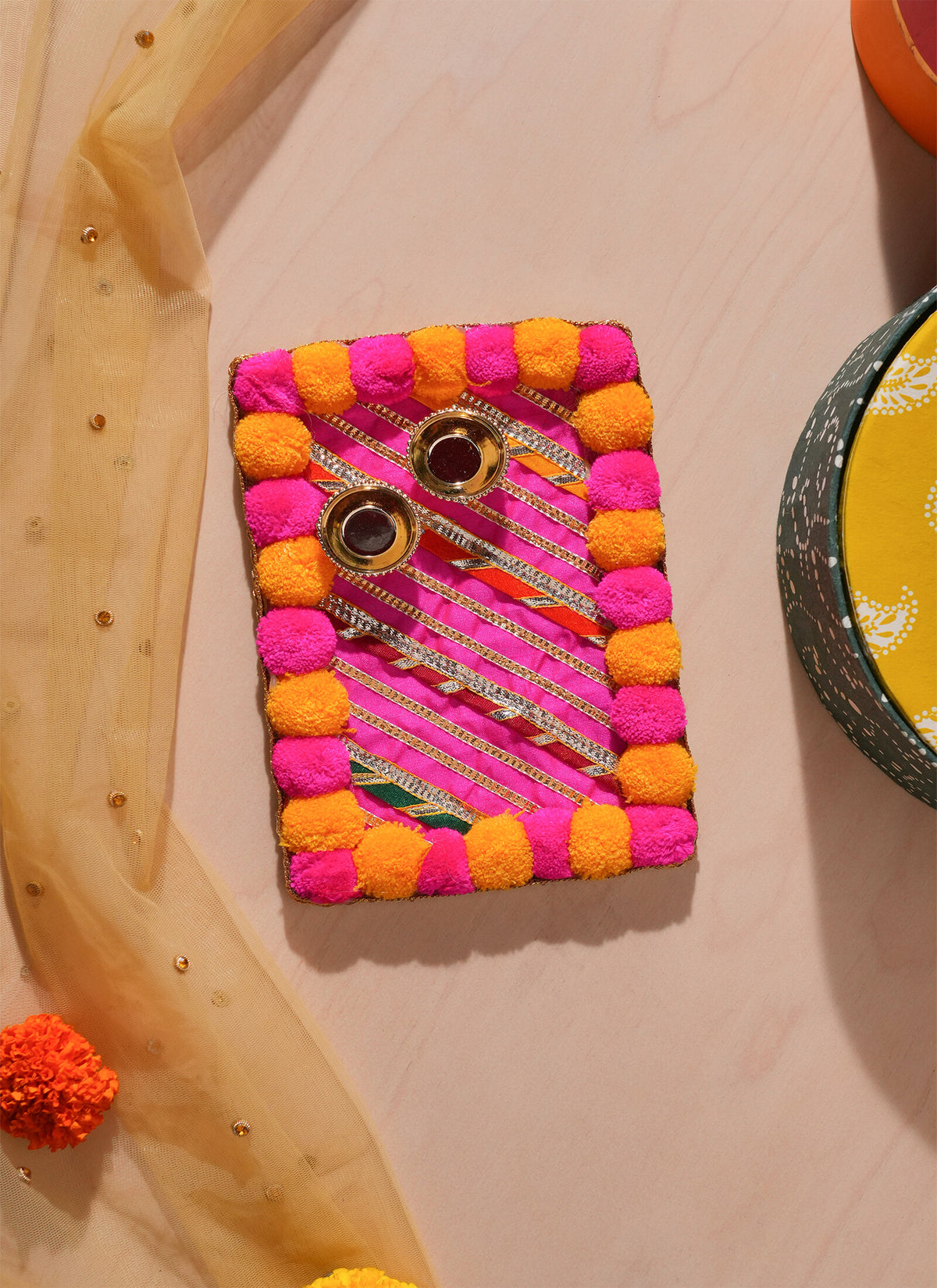 Madhoor Pompom Gota Patti Pooja Thali Yellow Pink 5 x 7 Inches 1 Pair