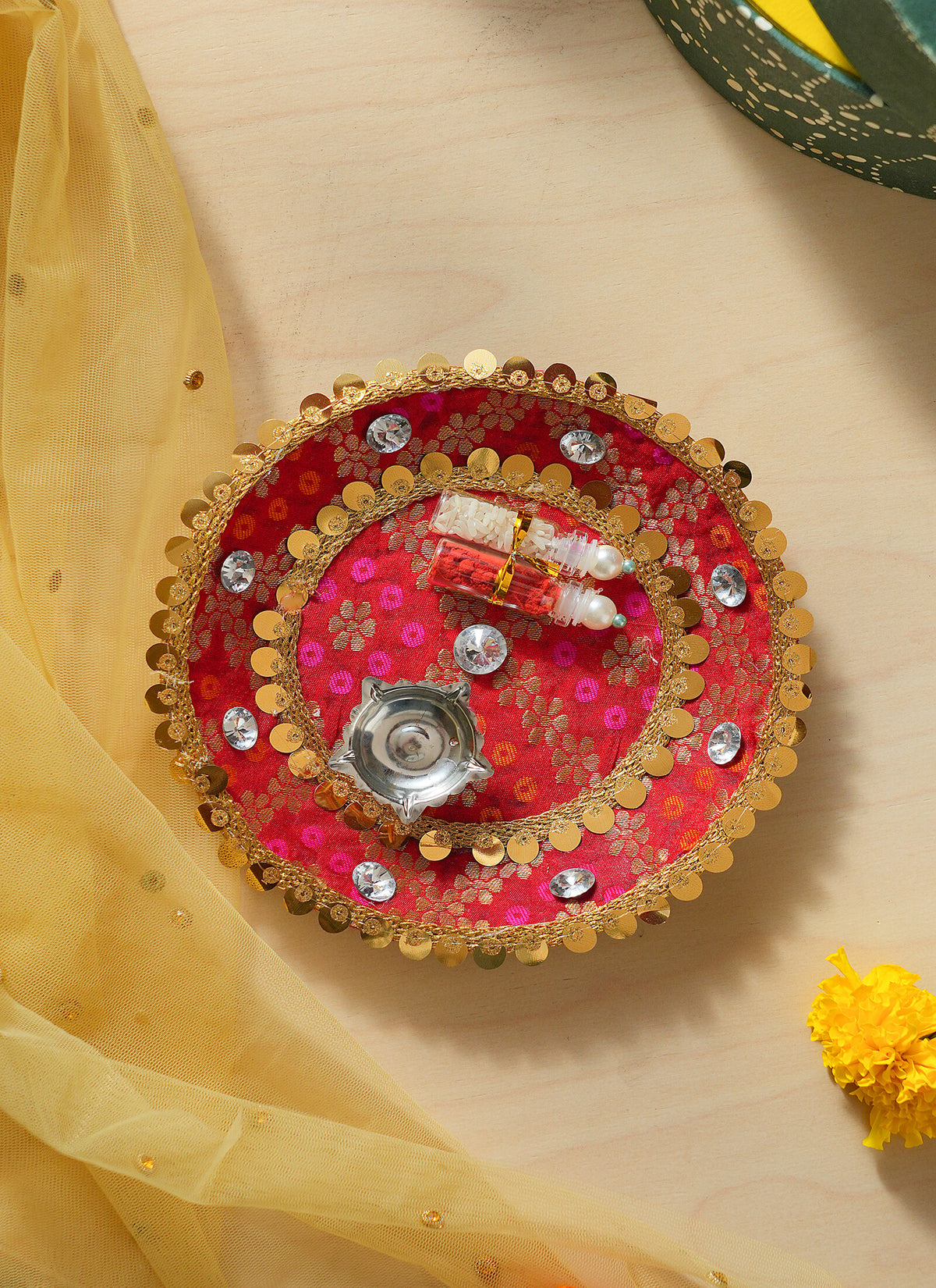 Madhoor Sequin Pooja Thali Red 1 Piece