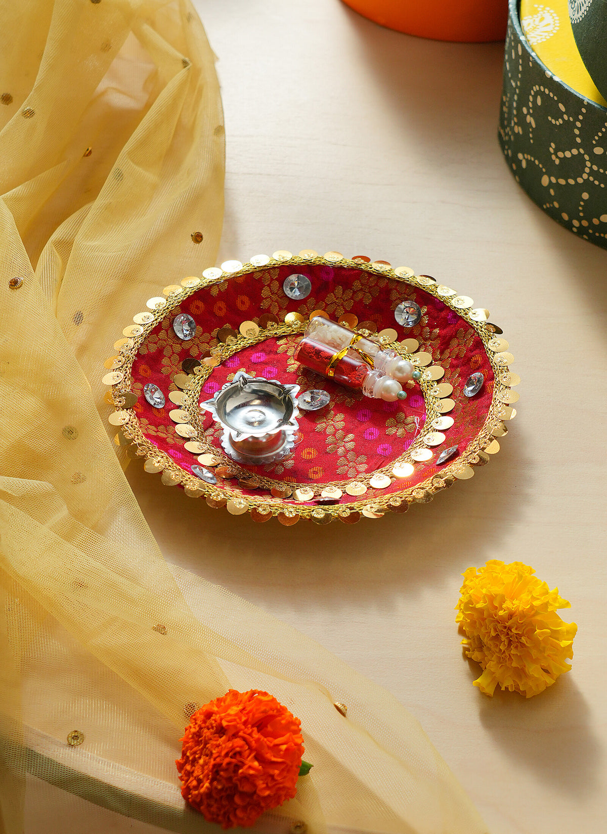 Madhoor Sequin Pooja Thali Red 1 Piece