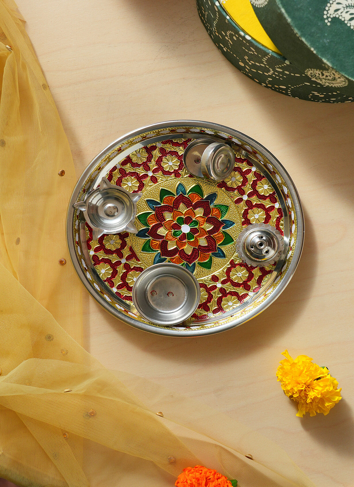 Madhoor Lotus Pooja Thali Red 7 Inches 1 Piece