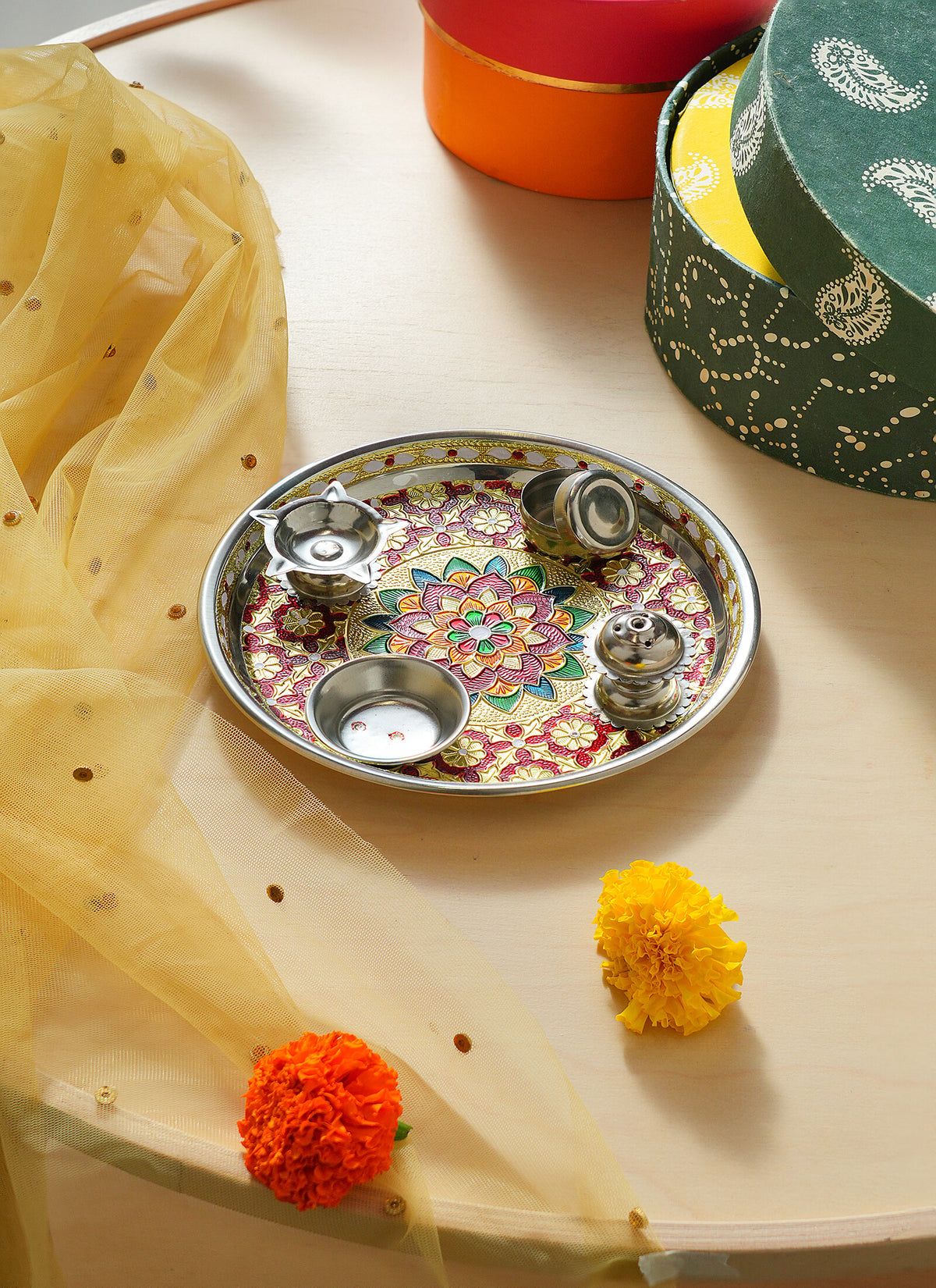 Madhoor Lotus Pooja Thali Red 7 Inches 1 Piece