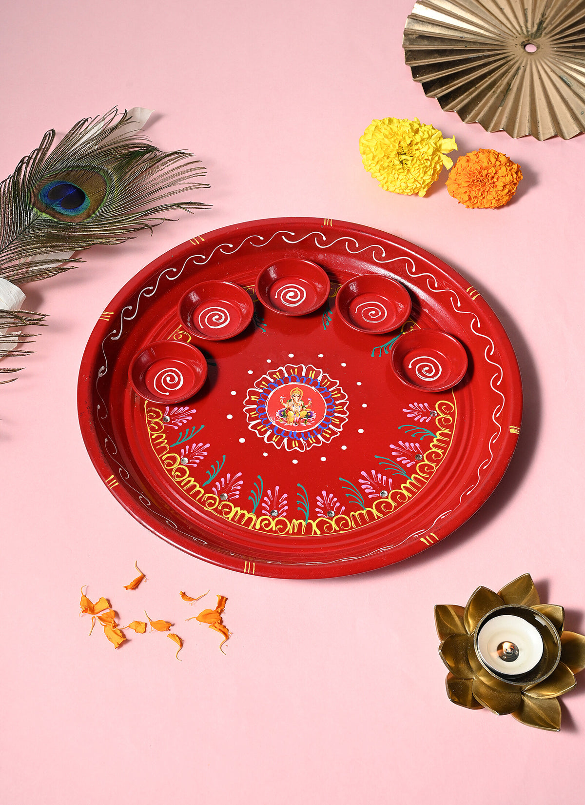 Madhoor Handpainted Ganesha Pooja Thali Red 10 Inches 1 Piece