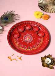 Madhoor Handpainted Ganesha Pooja Thali Red 10 Inches 1 Piece