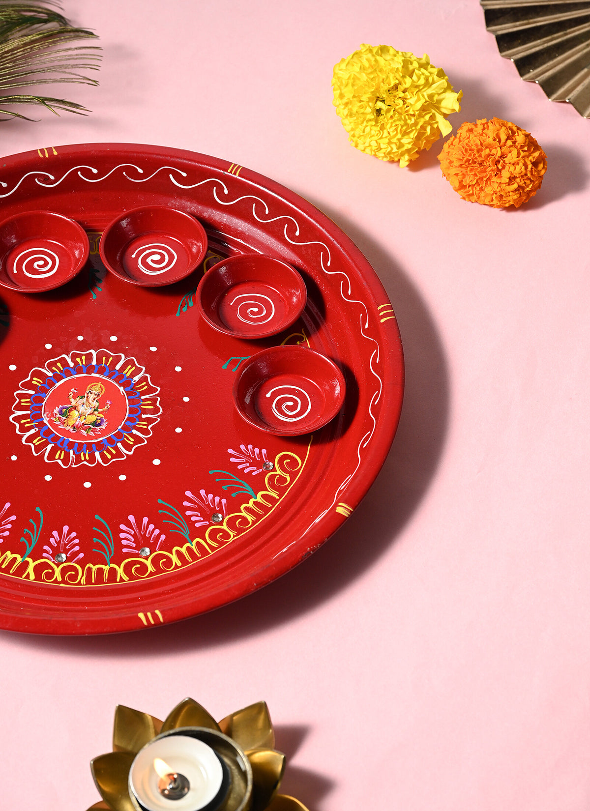 Madhoor Handpainted Ganesha Pooja Thali Red 10 Inches 1 Piece