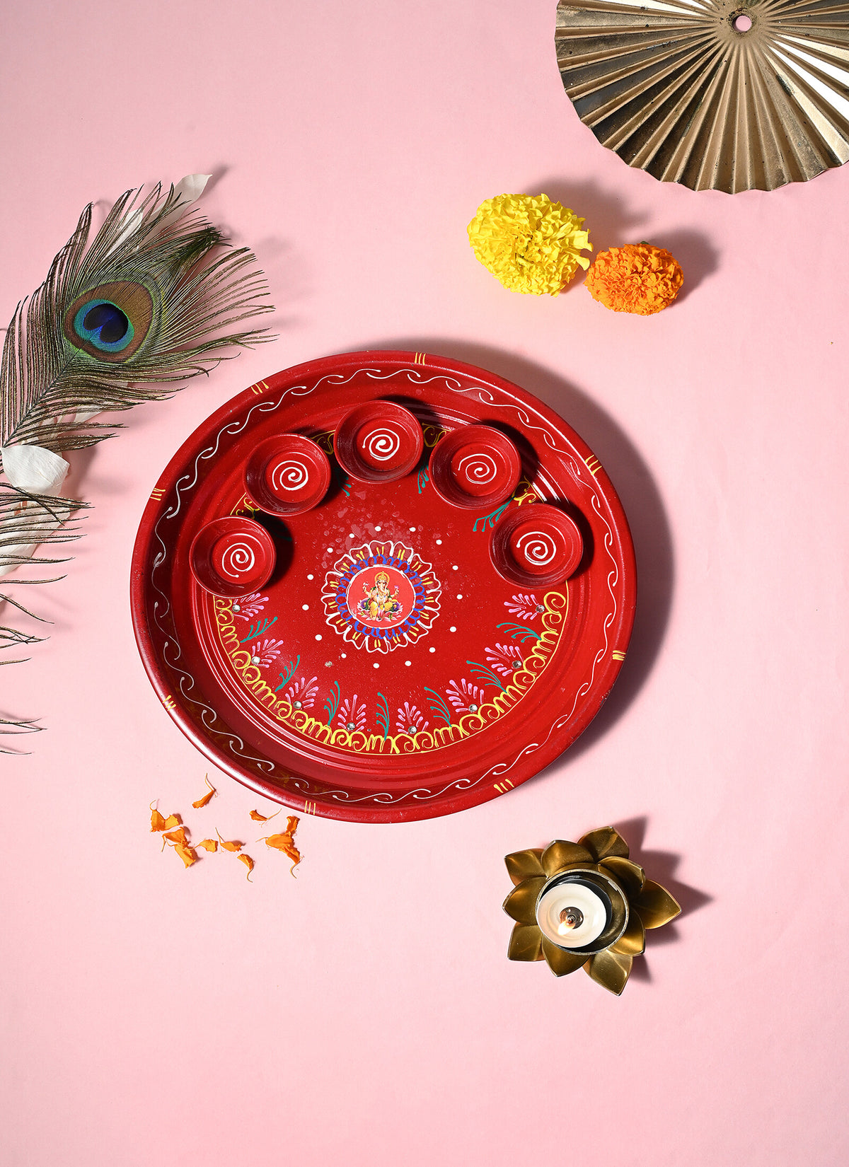 Madhoor Handpainted Ganesha Pooja Thali Red 10 Inches 1 Piece