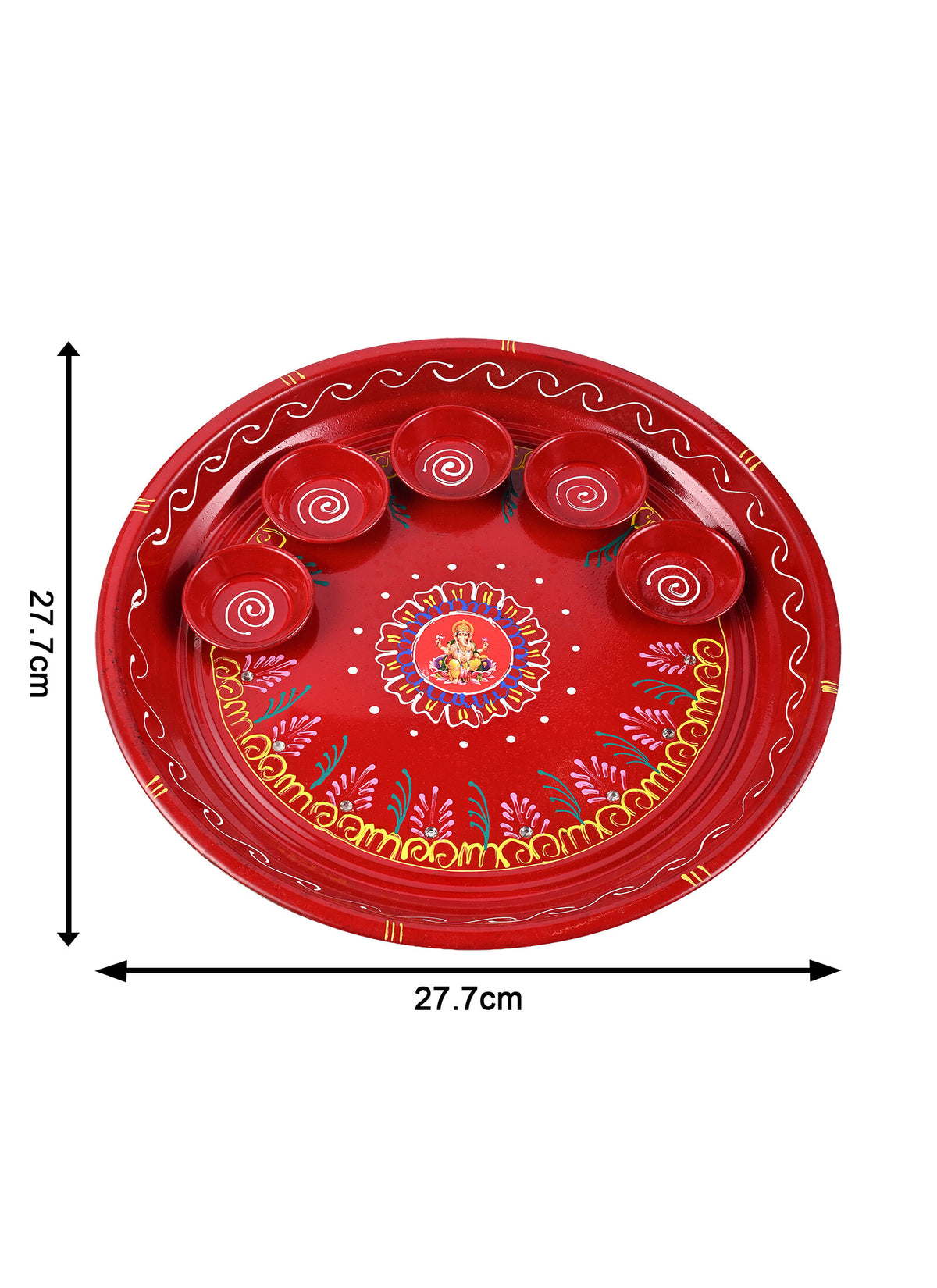 Madhoor Handpainted Ganesha Pooja Thali Red 10 Inches 1 Piece