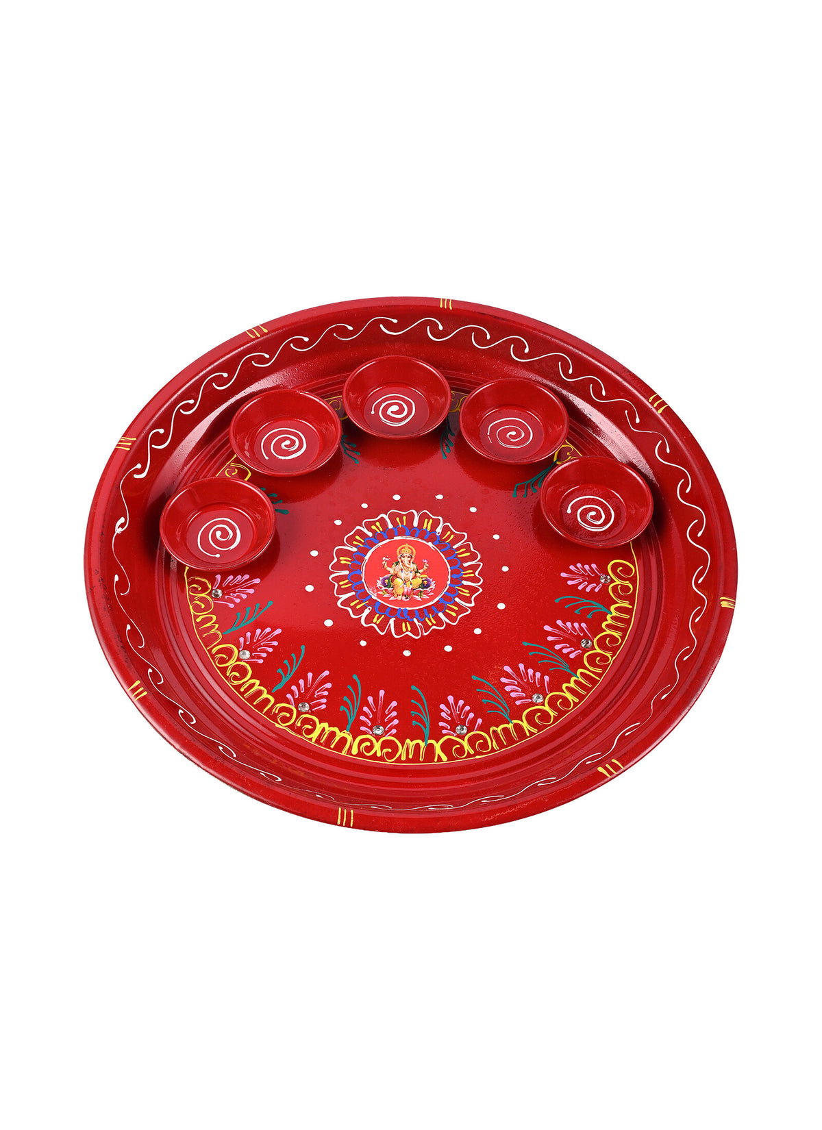 Madhoor Handpainted Ganesha Pooja Thali Red 10 Inches 1 Piece