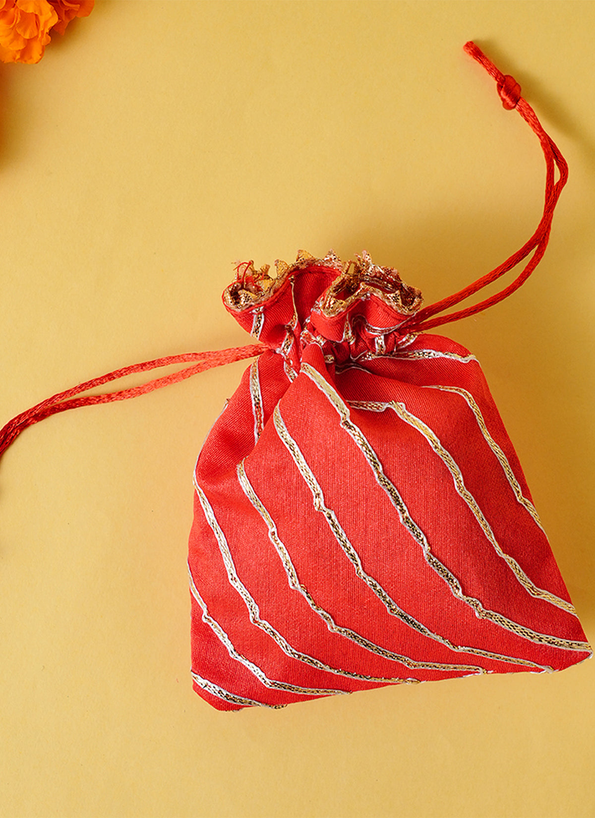 Madhoor Gota Patti Stripes Potli Gift Bag Red 10 x 14 cm 1 Piece