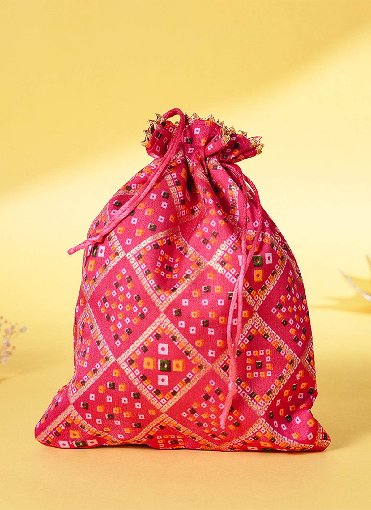 Madhoor Gota Patti Bandhani Potli Gift Bag Rani Pink 17 x 23 cm 1 Piece