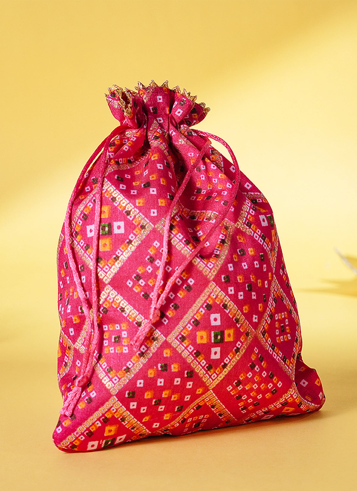 Madhoor Gota Patti Bandhani Potli Gift Bag Rani Pink 17 x 23 cm 1 Piece