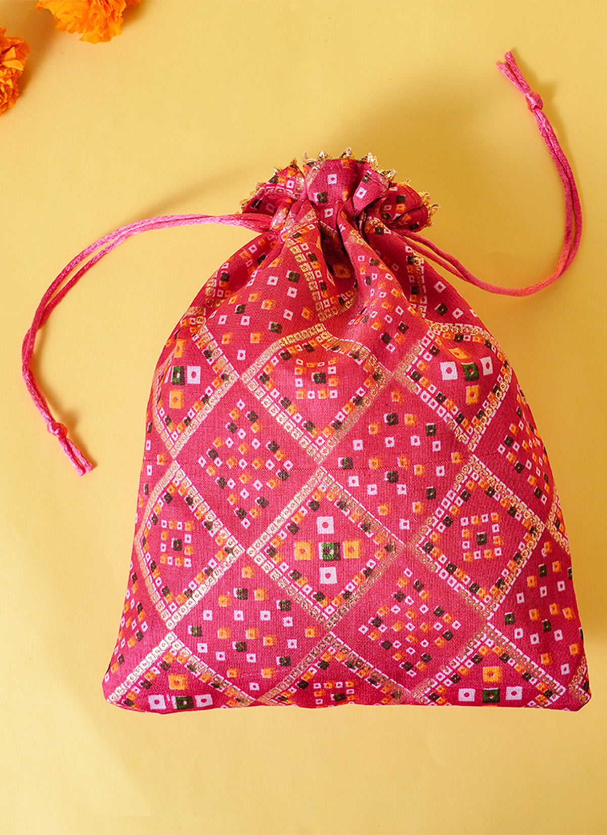 Madhoor Gota Patti Bandhani Potli Gift Bag Rani Pink 17 x 23 cm 1 Piece
