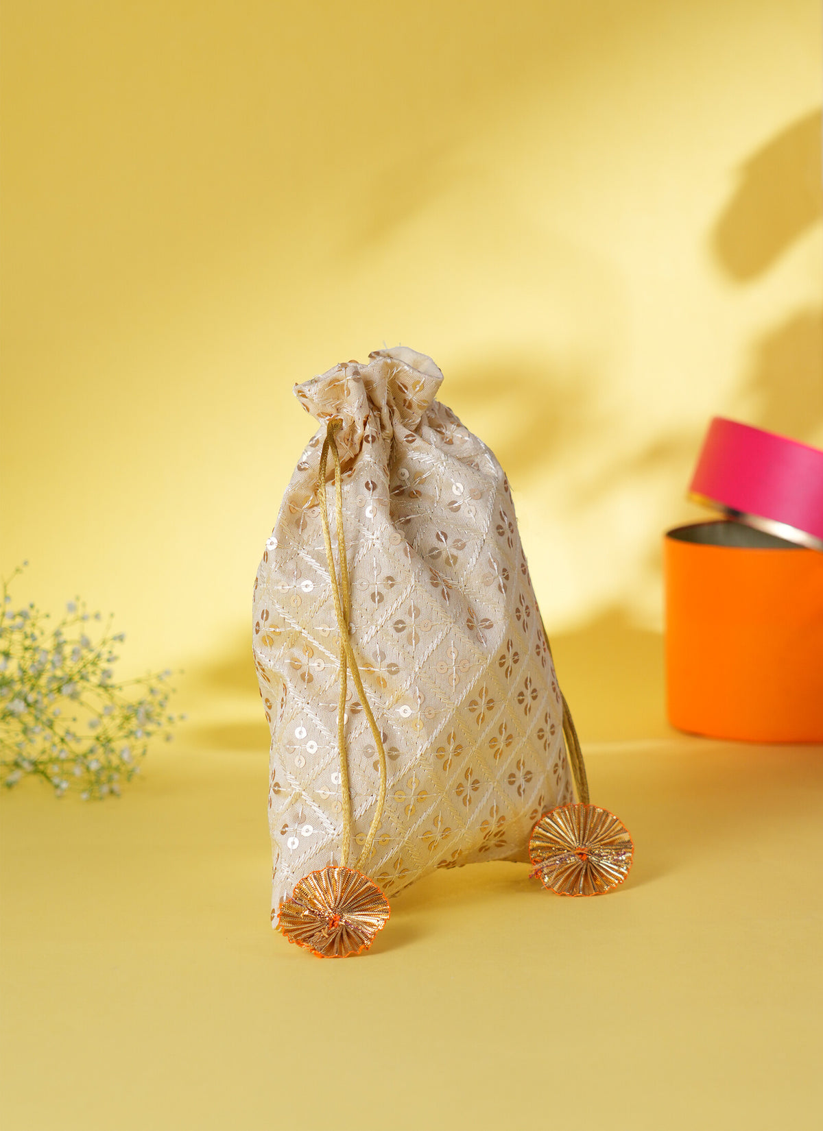 Madhoor Sequin Potli Gift Bag Cream 7 x 9 Inches 1 Piece
