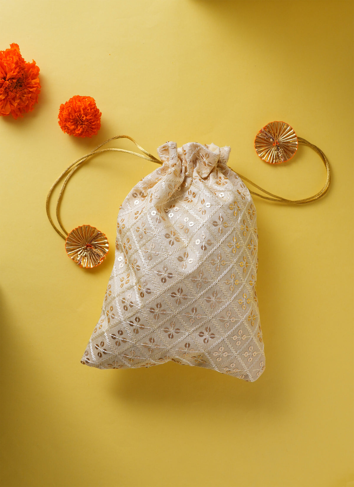 Madhoor Sequin Potli Gift Bag Cream 7 x 9 Inches 1 Piece