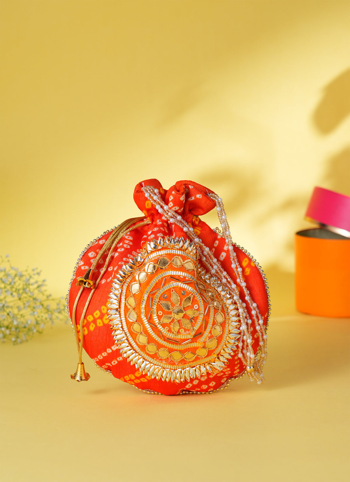 Madhoor Bandhani Potli Gift Bag Orange 9 x 9 Inches 1 Piece
