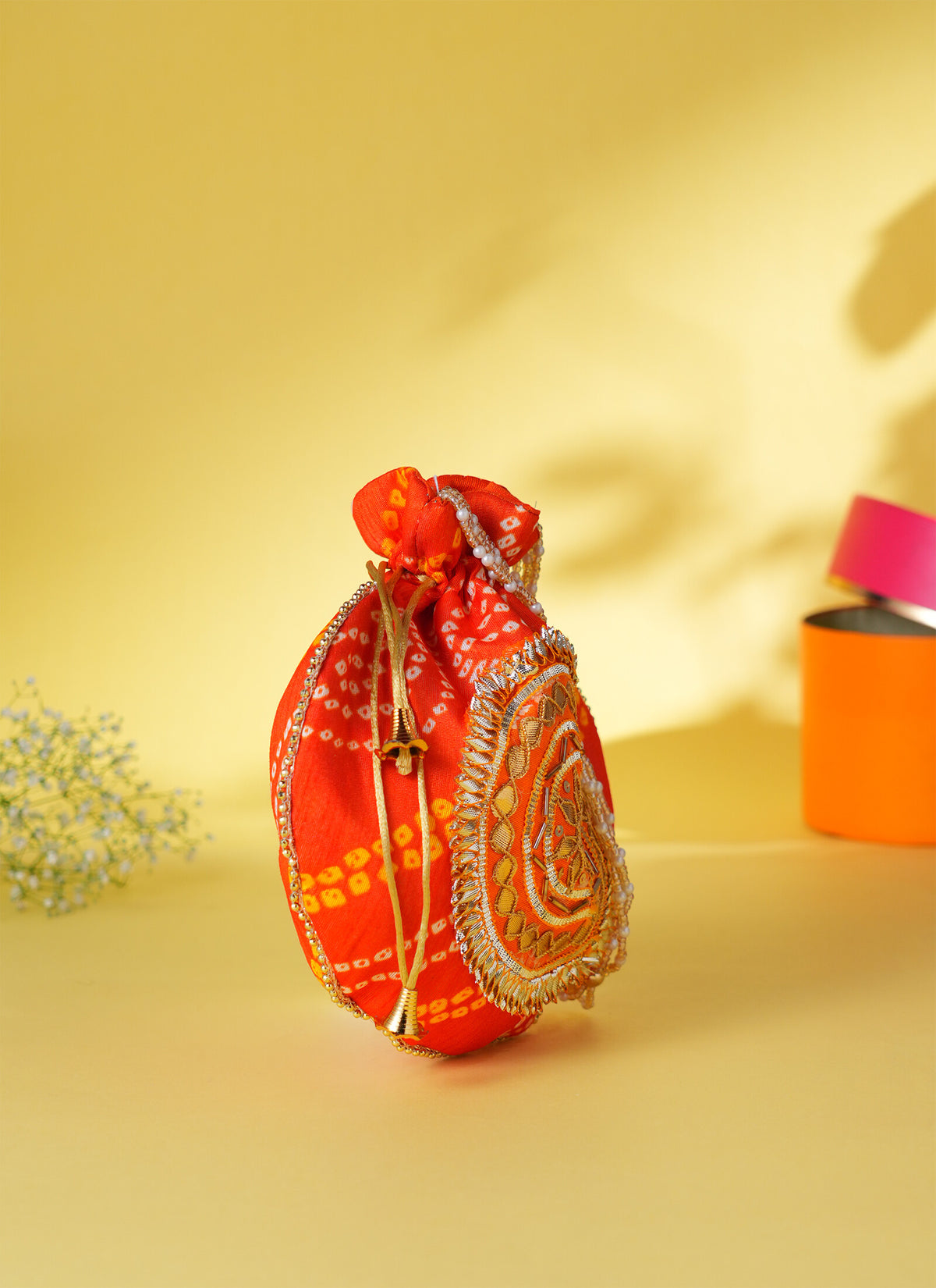 Madhoor Bandhani Potli Gift Bag Orange 9 x 9 Inches 1 Piece