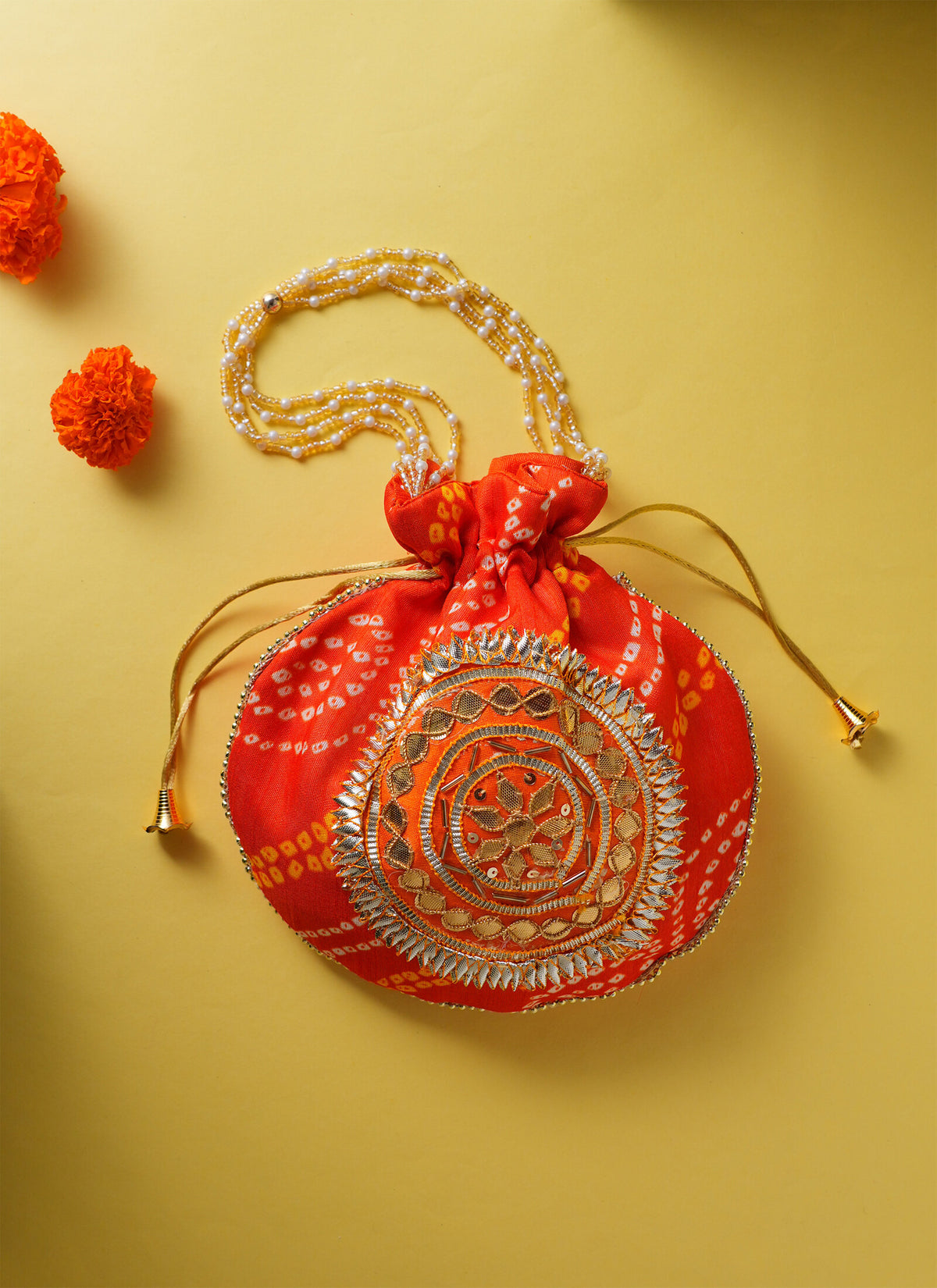 Madhoor Bandhani Potli Gift Bag Orange 9 x 9 Inches 1 Piece