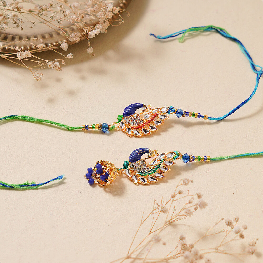 Madhoor Bhaiya Bhabhi Lumba Peacock Rakhi Blue 2-Piece Set