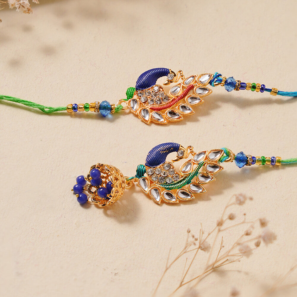 Madhoor Bhaiya Bhabhi Lumba Peacock Rakhi Blue 2-Piece Set