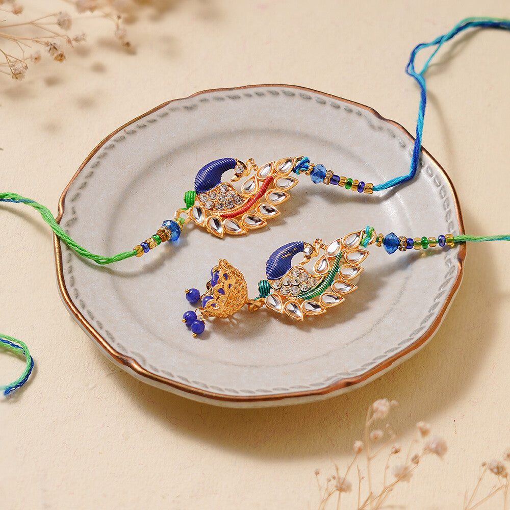 Madhoor Bhaiya Bhabhi Lumba Peacock Rakhi Blue 2-Piece Set