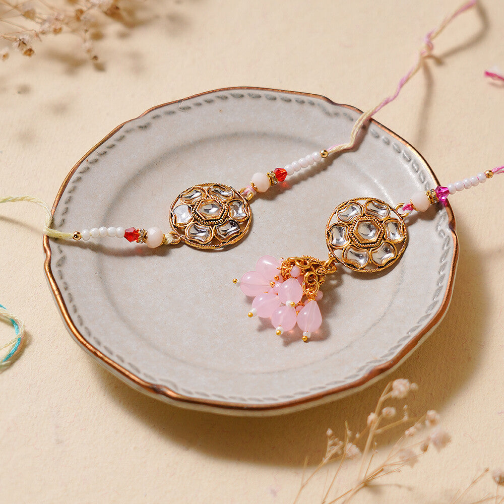 Madhoor Bhaiya Bhabhi Kundan Rakhi Pink 2-Piece Set