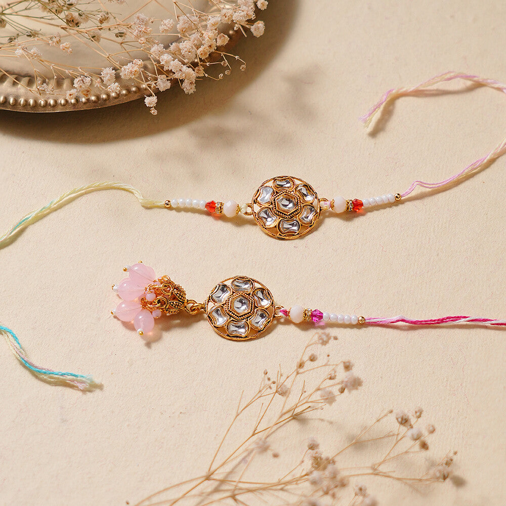 Madhoor Bhaiya Bhabhi Kundan Rakhi Pink 2-Piece Set