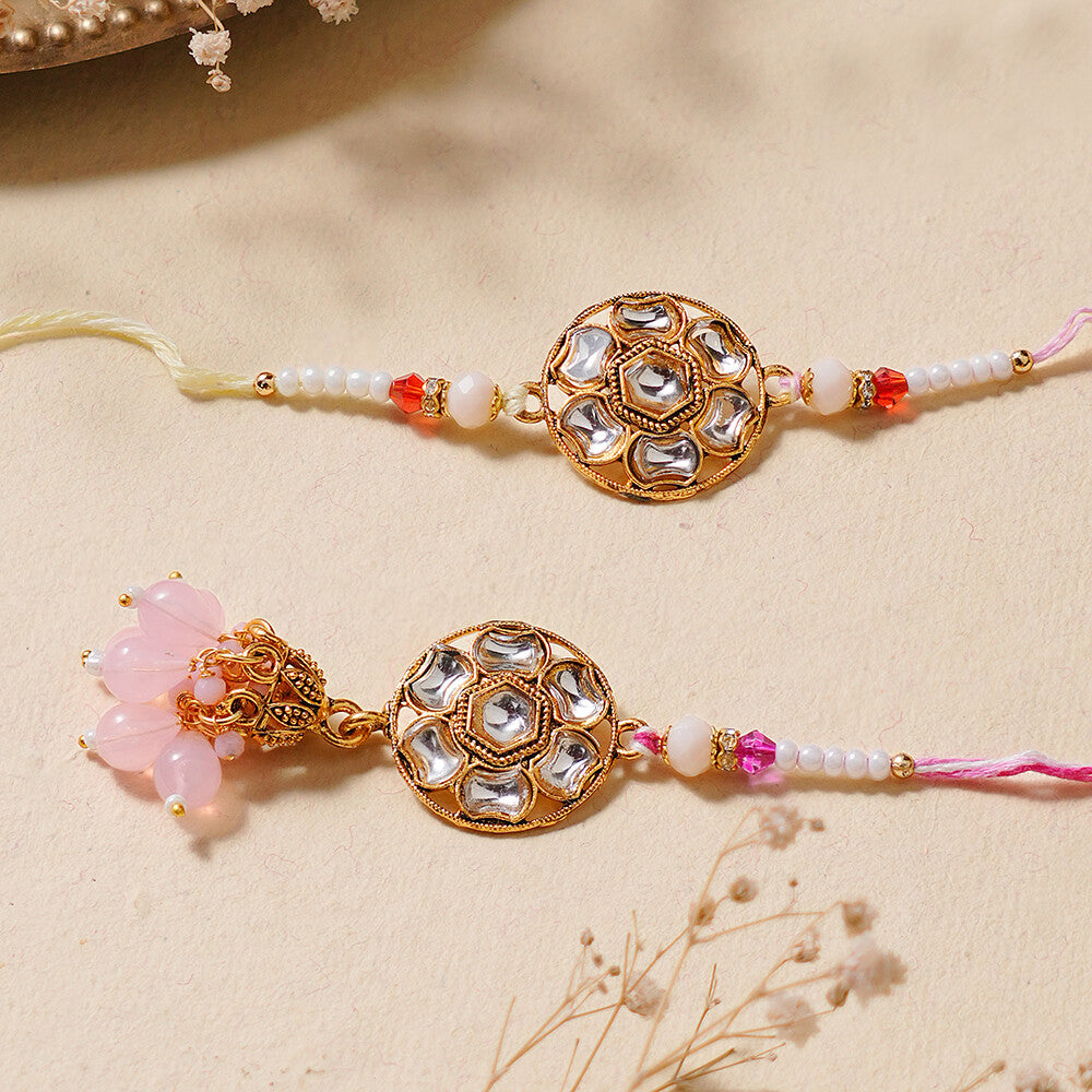 Madhoor Bhaiya Bhabhi Kundan Rakhi Pink 2-Piece Set