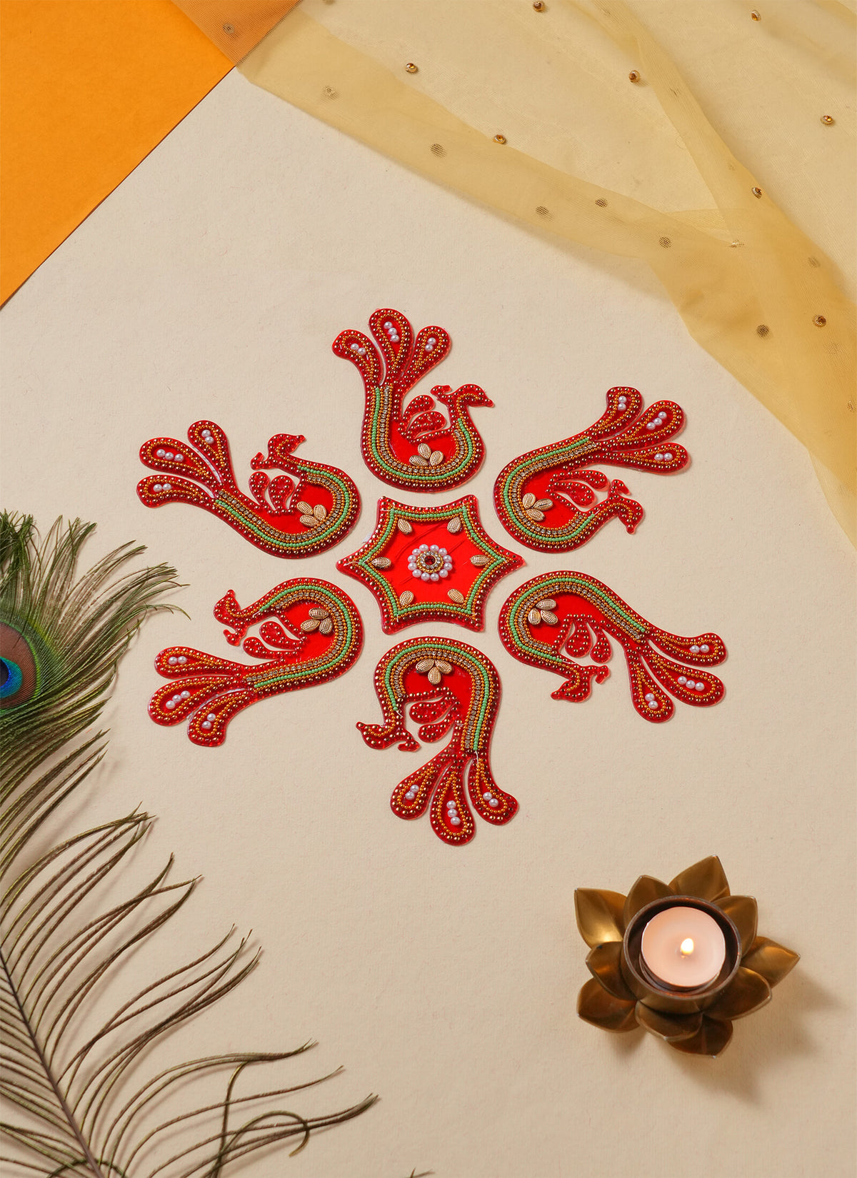 Madhoor Acrylic Peacock Rangoli Red 1 Set