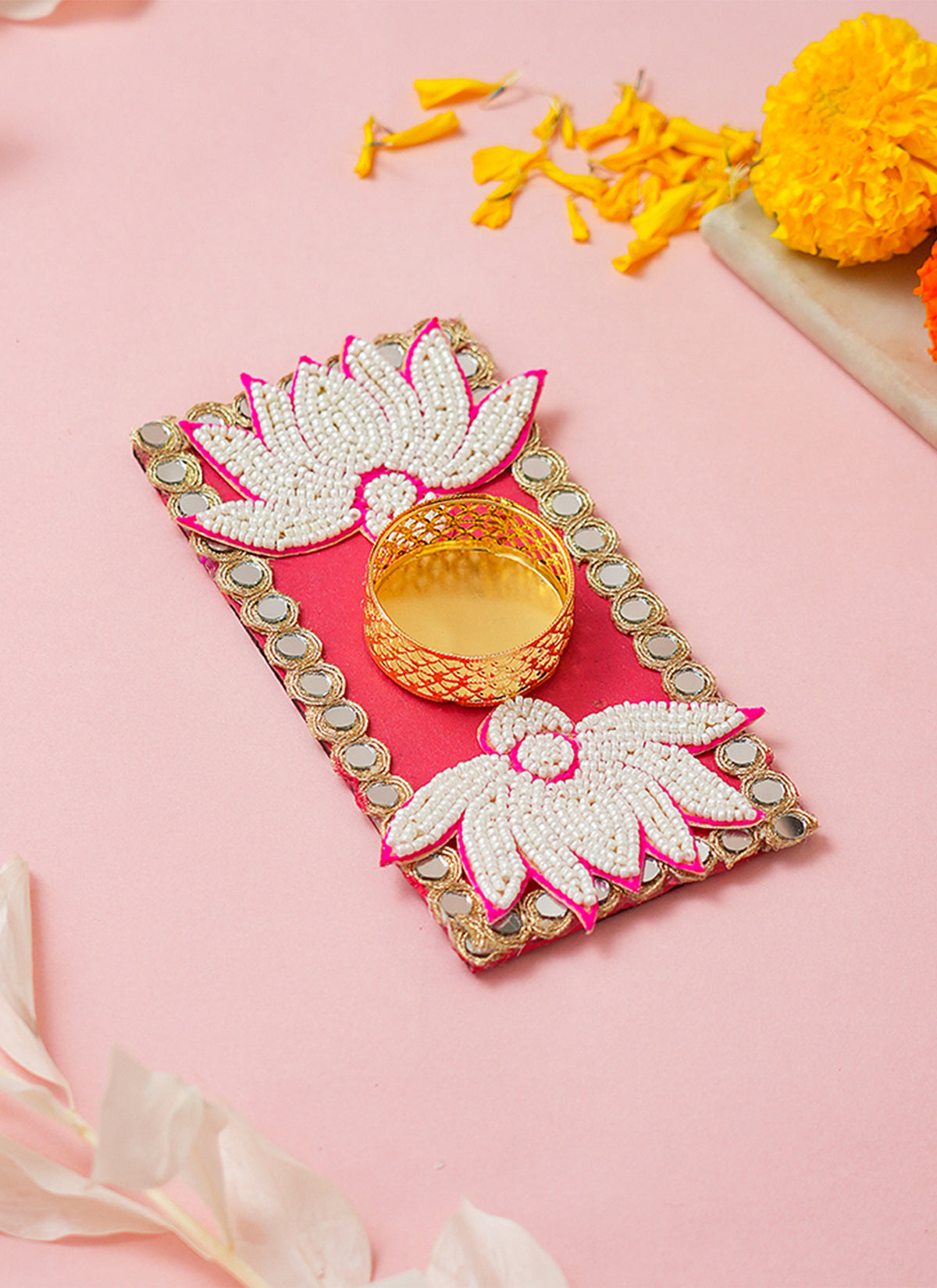 Madhoor Tealight Holder Lotus Mirror Rangoli Pink 1 Piece