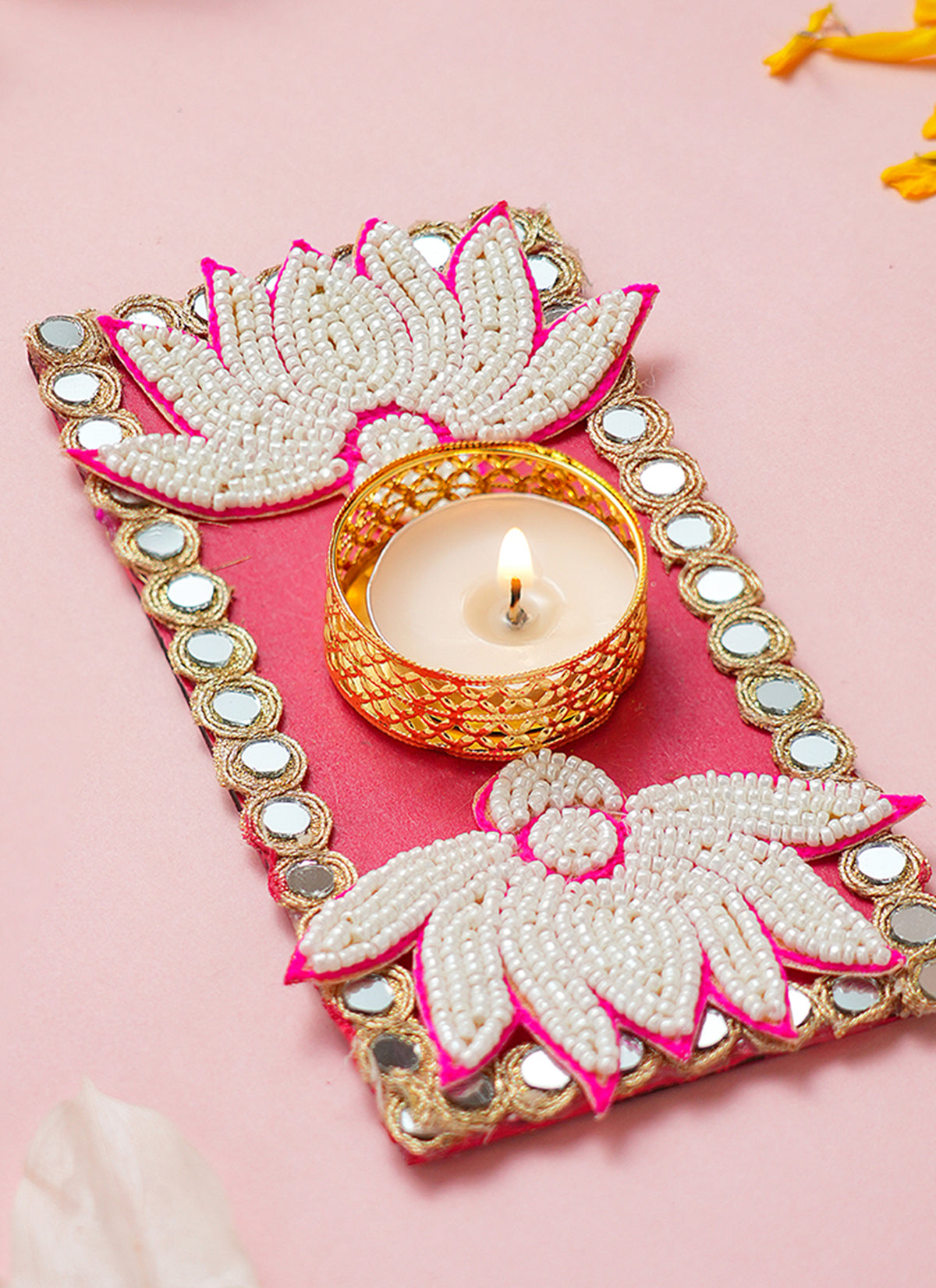 Madhoor Tealight Holder Lotus Mirror Rangoli Pink 1 Piece
