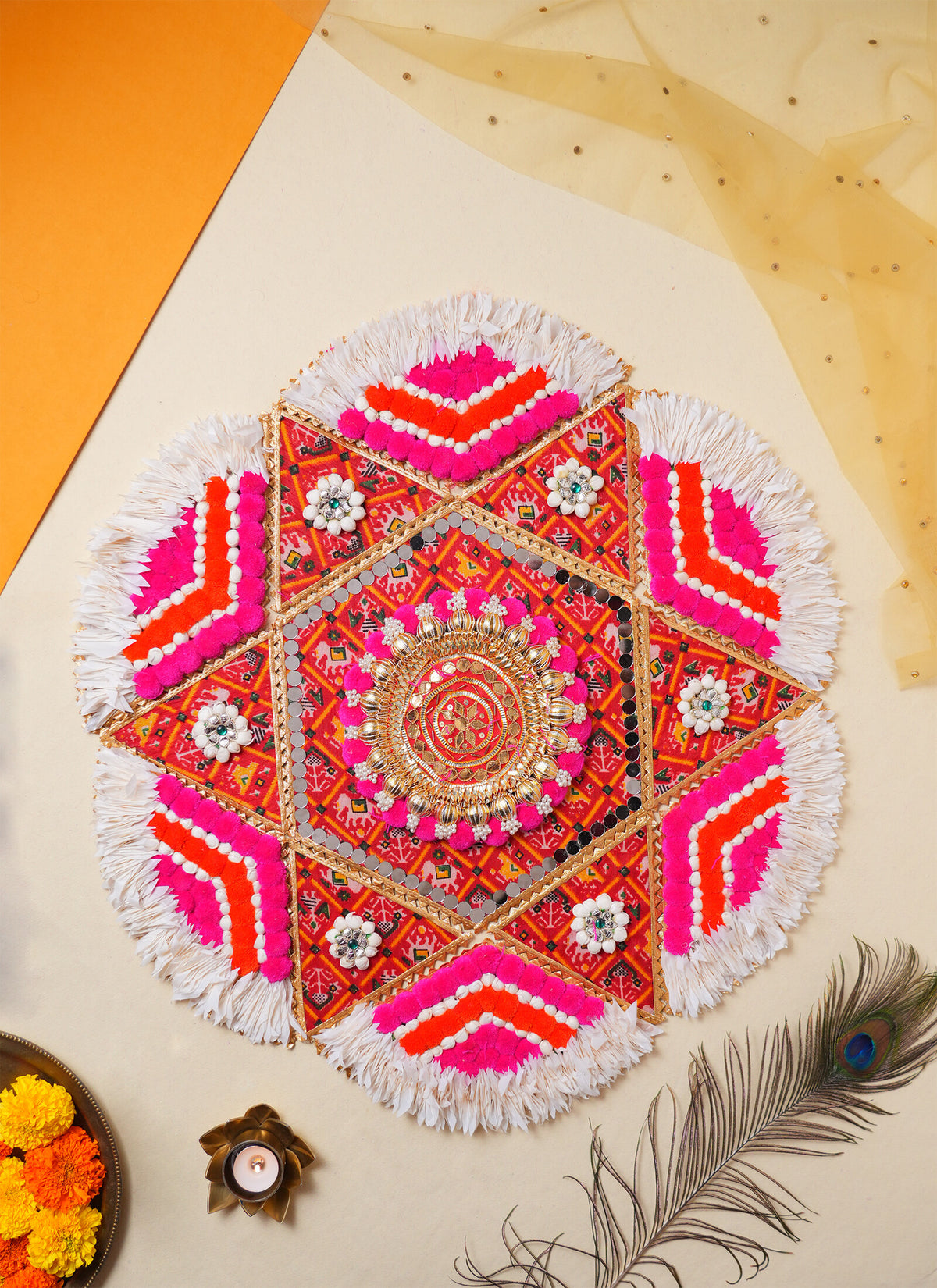 Madhoor Pompom Rangoli Pink Orange White 1 Piece