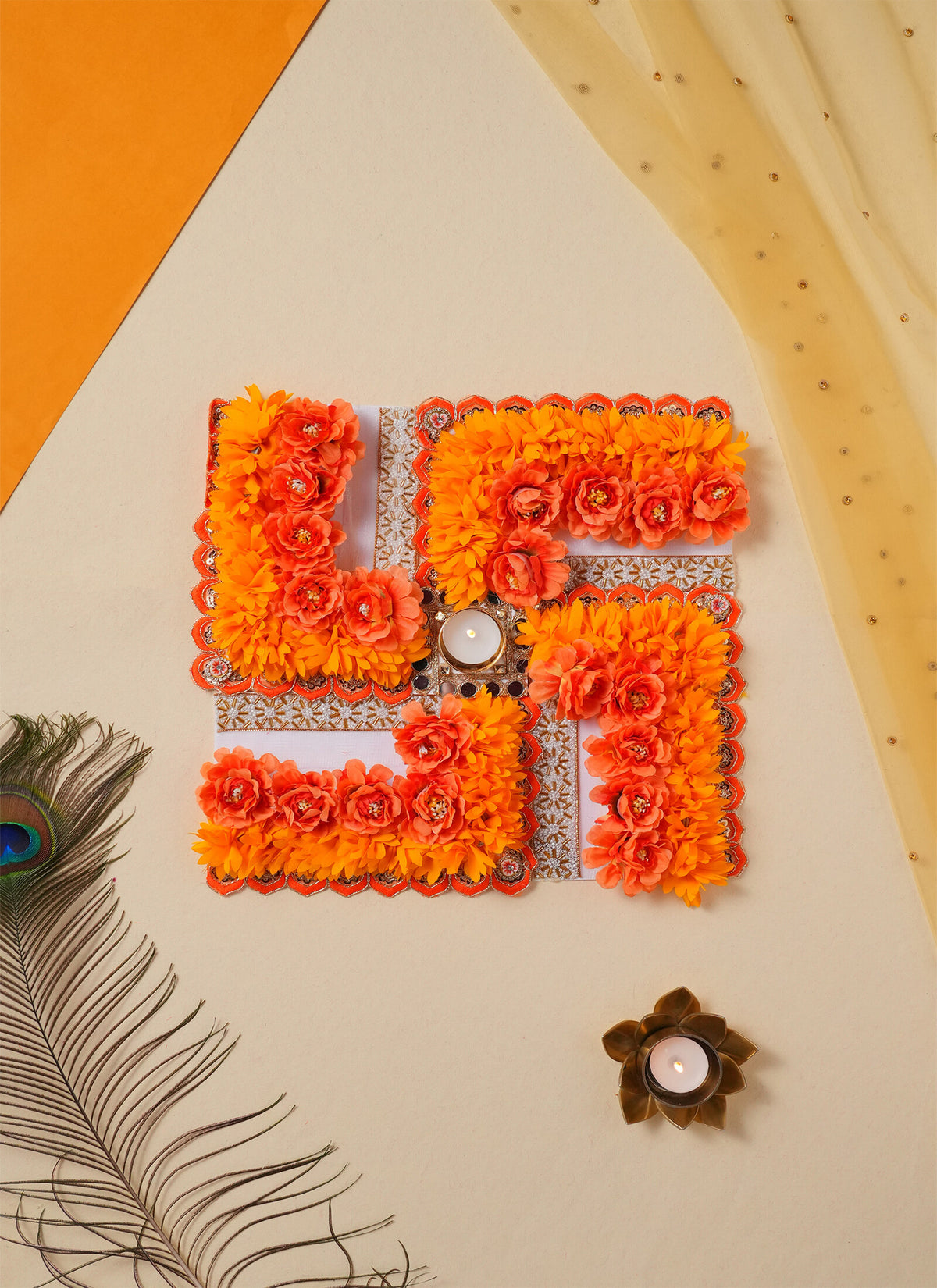 Madhoor Swastika Mirror Floral Rangoli Orange 18 Inches 1 Set