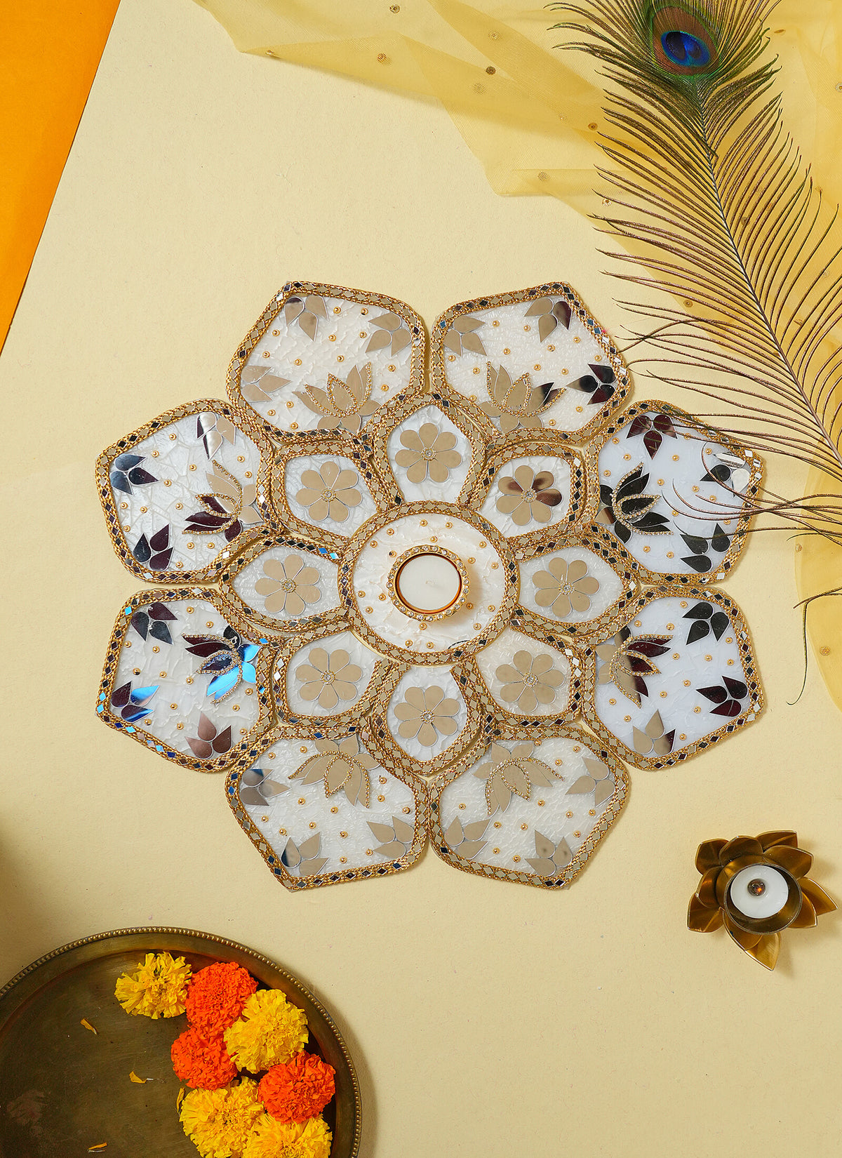 Madhoor Luxury Sequin Mirror Rangoli White Gold-Tone 20 Inches 1 Set