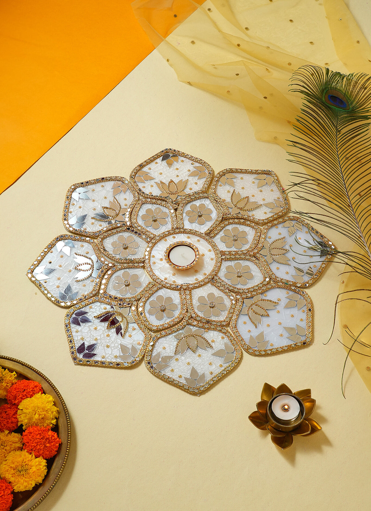Madhoor Luxury Sequin Mirror Rangoli White Gold-Tone 20 Inches 1 Set