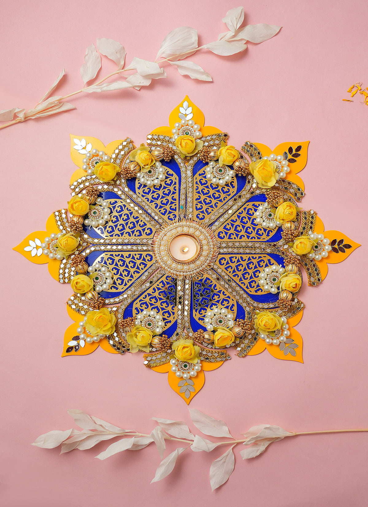 Madhoor Embellished Floral Pearls Rangoli Yellow 20 Inches 1 Set