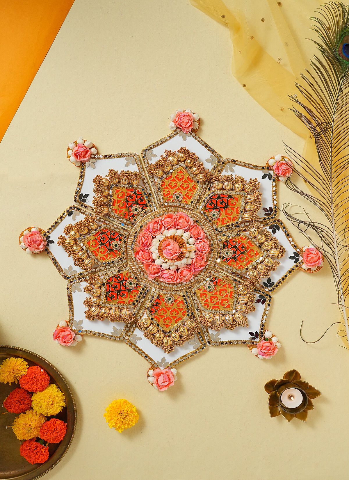Madhoor Mirror Floral Rangoli Peach Pink 2 Feet 1 Set