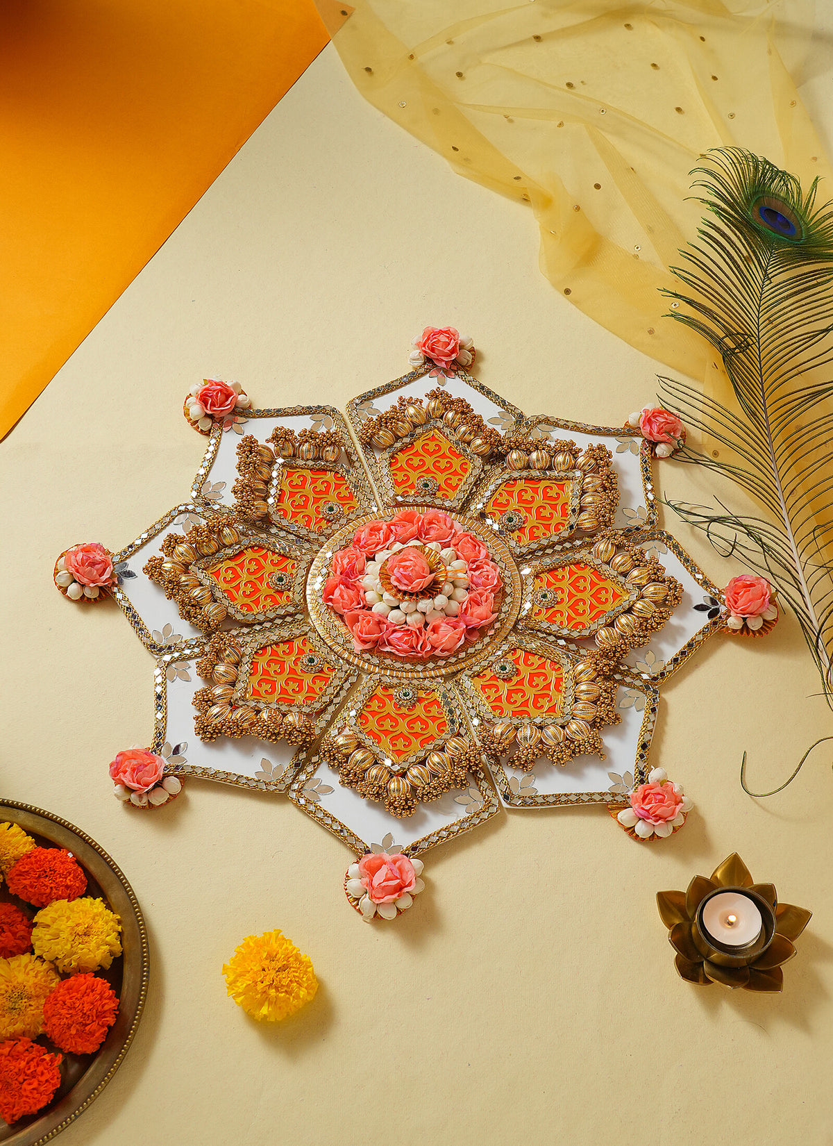 Madhoor Mirror Floral Rangoli Peach Pink 2 Feet 1 Set