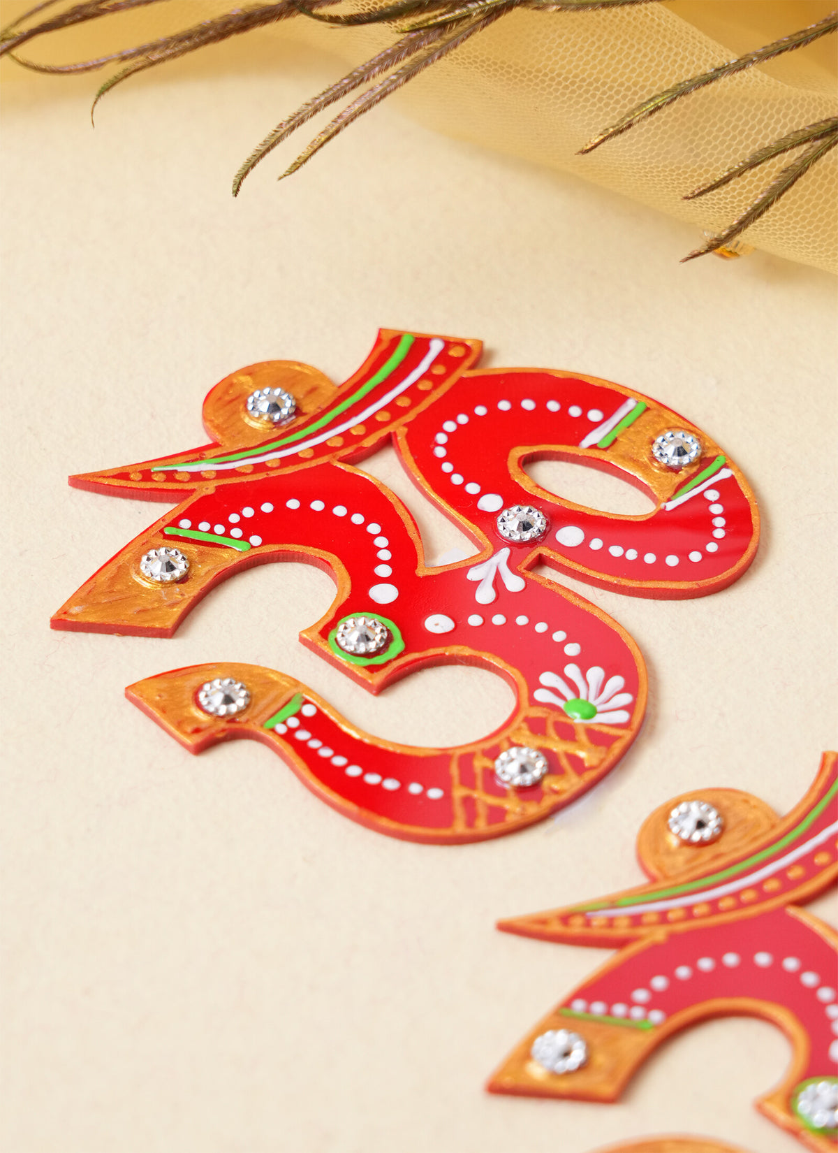 Madhoor Crystal Om Sticker Red Yellow 3 Inches 1 Pair