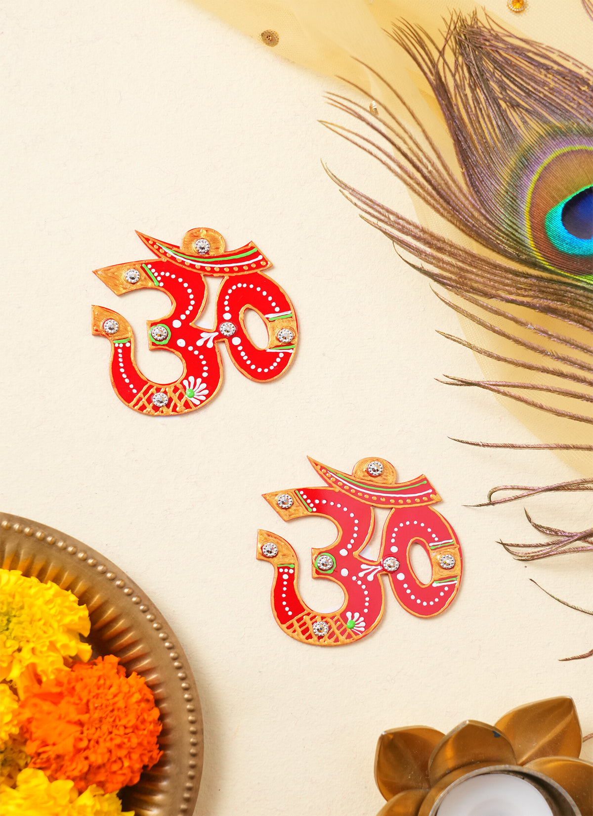 Madhoor Crystal Om Sticker Red Yellow 3 Inches 1 Pair
