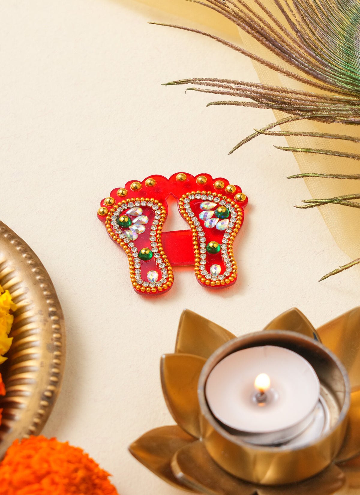 Madhoor Kundan Lakshmi Feet Pagla Gold-Tone Red 2 Inches 1 Pair