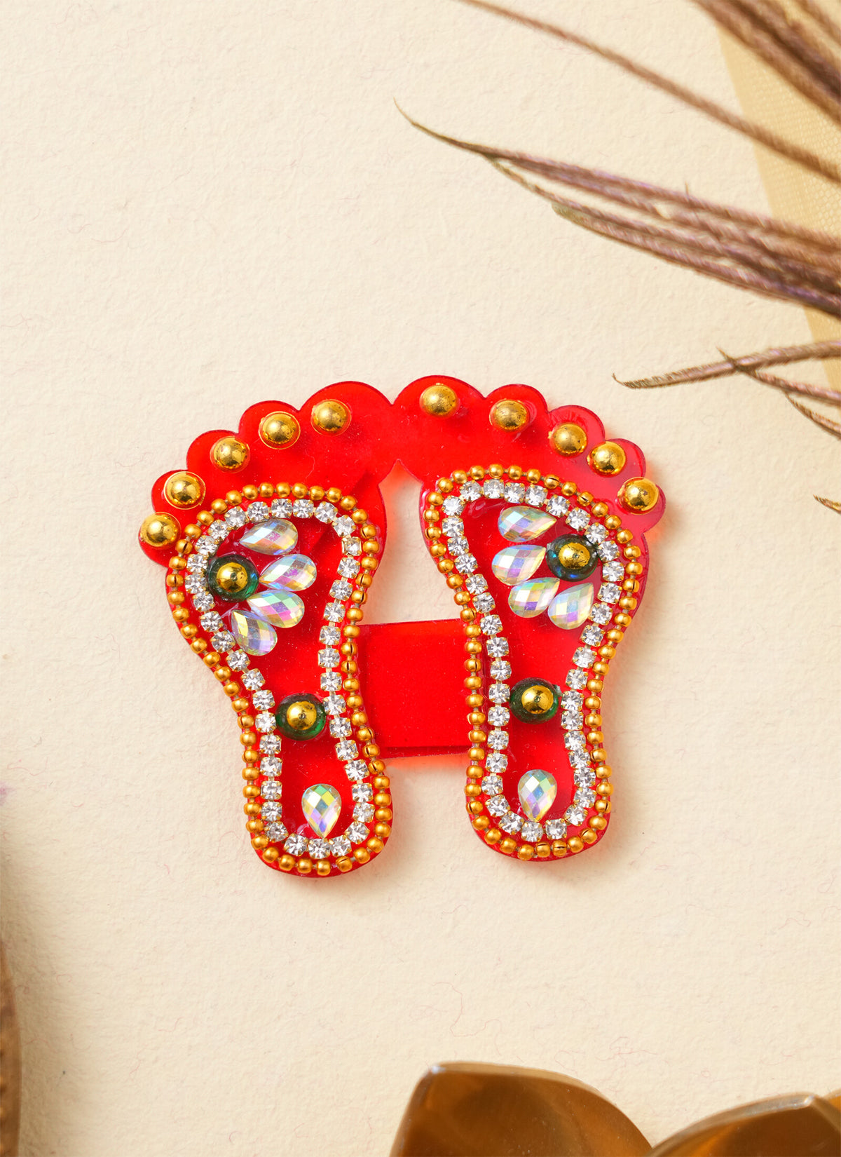 Madhoor Kundan Lakshmi Feet Pagla Gold-Tone Red 2 Inches 1 Pair