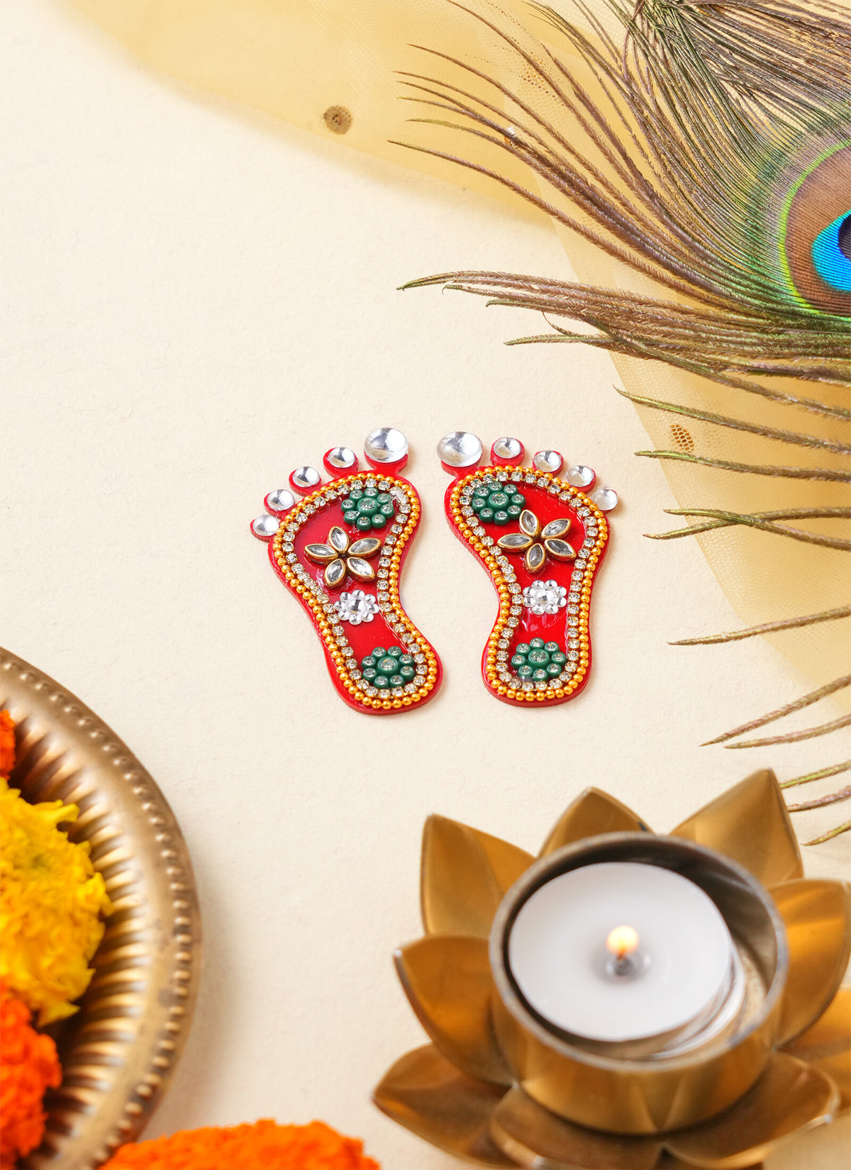 Madhoor Lakshmi Feet Pagla Gold-Tone Red Green 2.5 Inches Set of 2