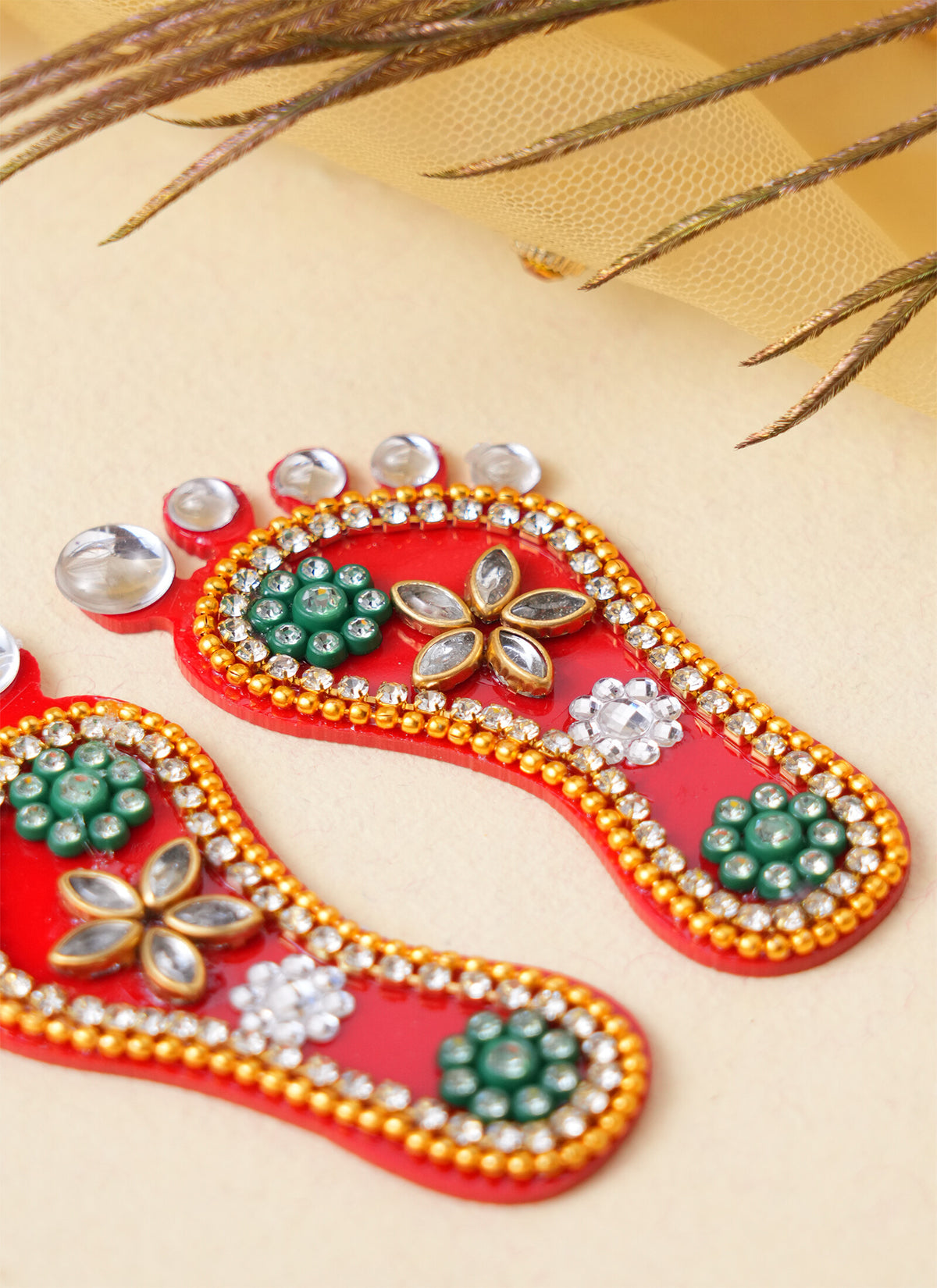 Madhoor Lakshmi Feet Pagla Gold-Tone Red Green 2.5 Inches Set of 2
