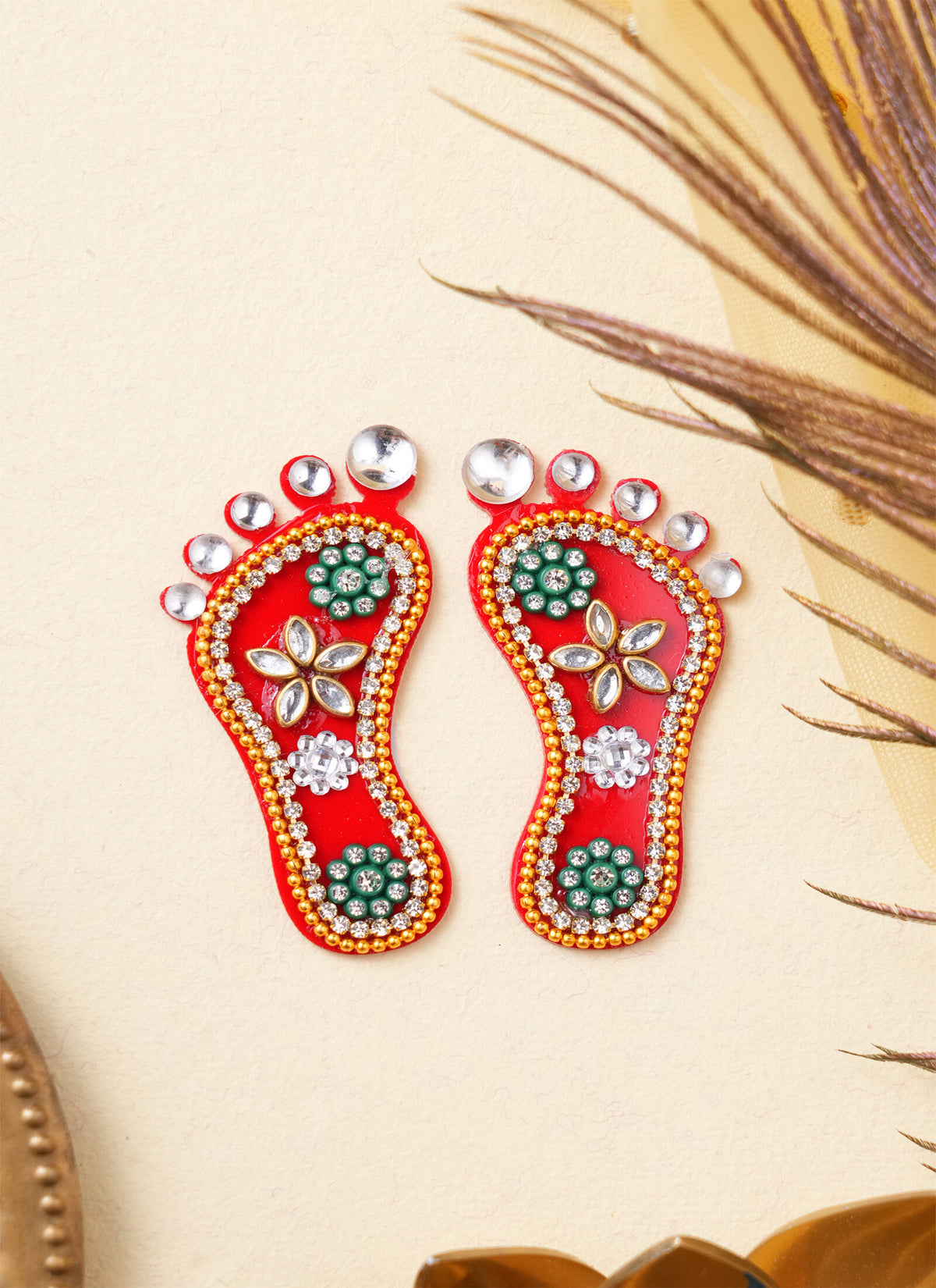 Madhoor Lakshmi Feet Pagla Gold-Tone Red Green 2.5 Inches Set of 2