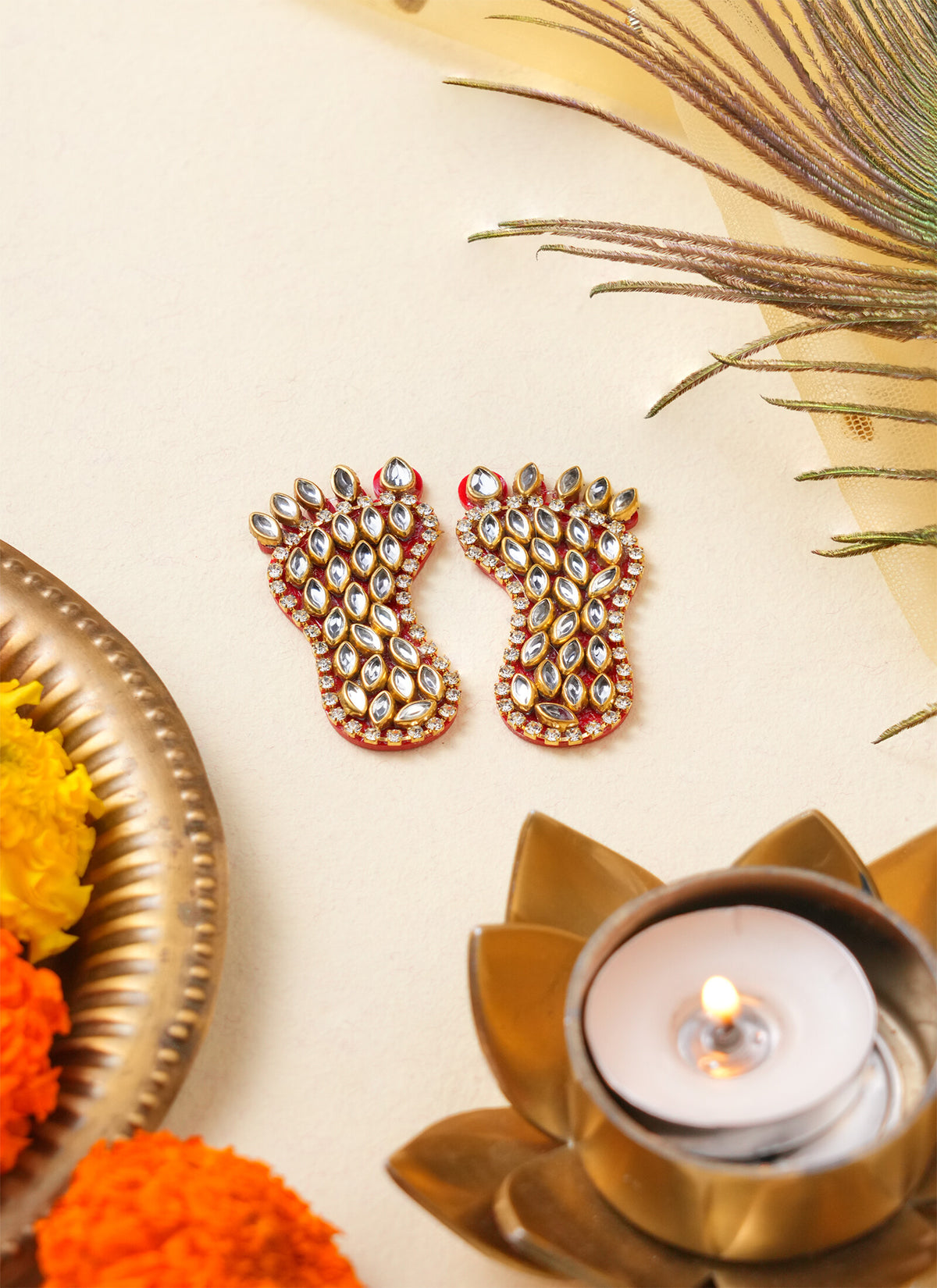 Madhoor Crystal Lakshmi Feet Pagla Red 2 Inches 1 Pair