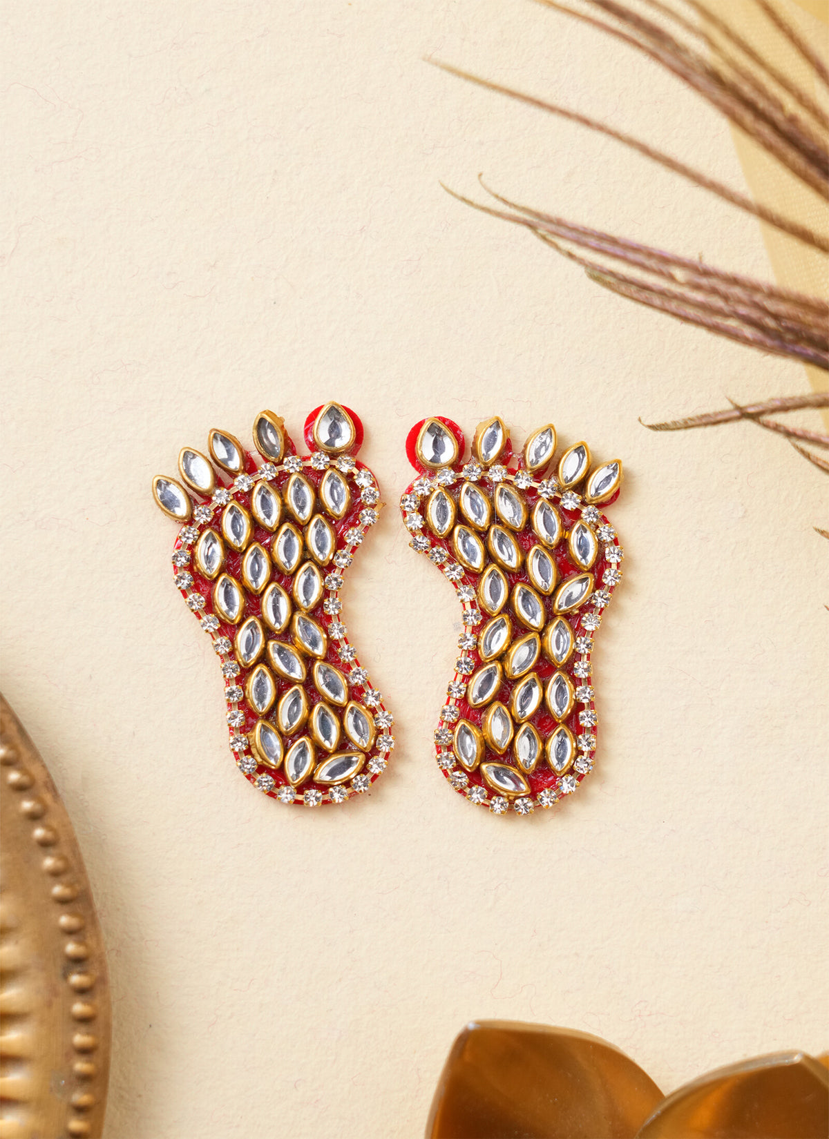 Madhoor Crystal Lakshmi Feet Pagla Red 2 Inches 1 Pair