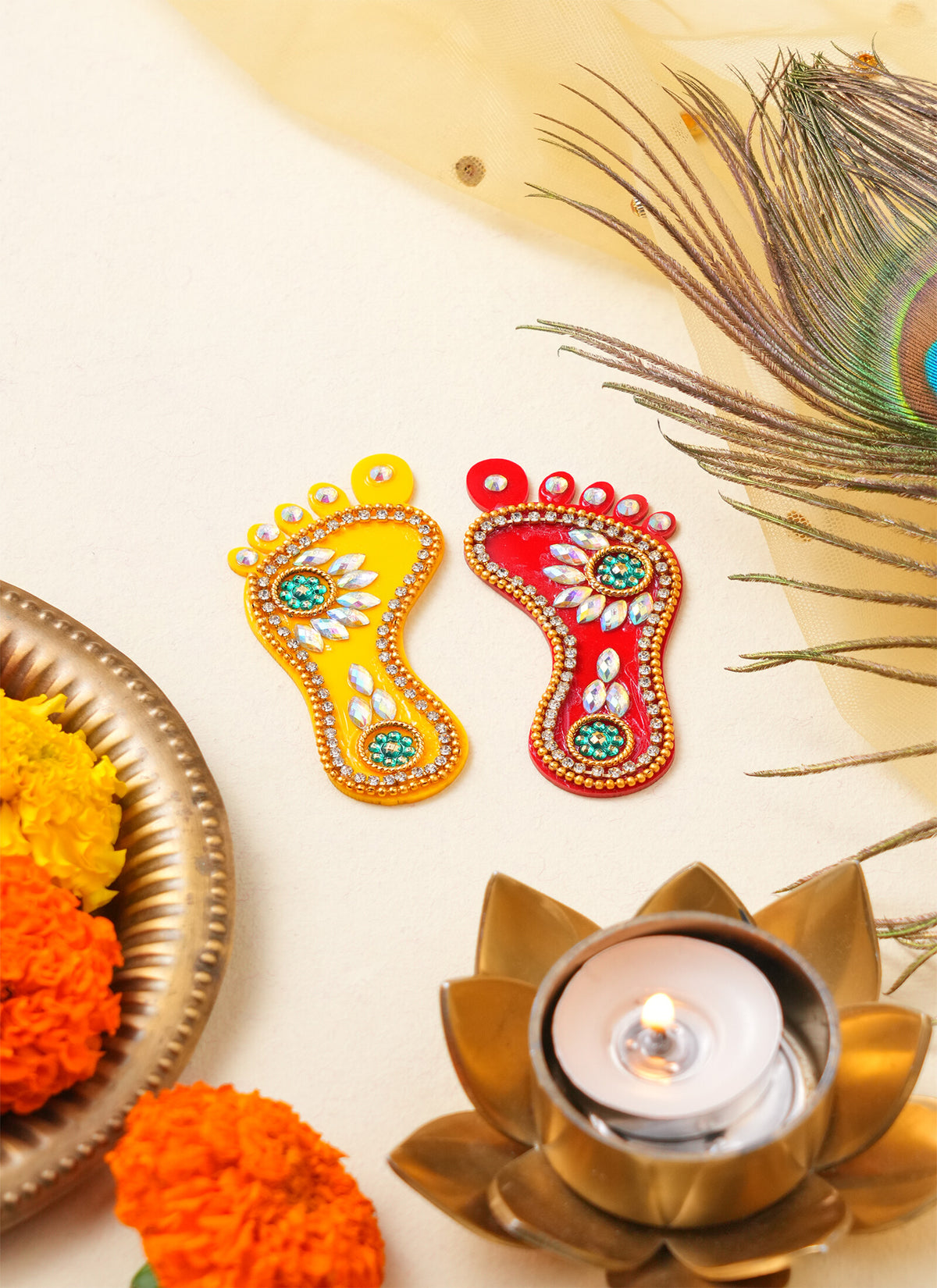 Madhoor Pearl Lakshmi Feet Pagla Red Yellow 3 Inches 1 Pair