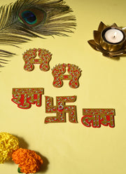 Madhoor Swastik Shubh Labh Set Lakshmi Feet Pagla Gold-Tone Red 3 Inches