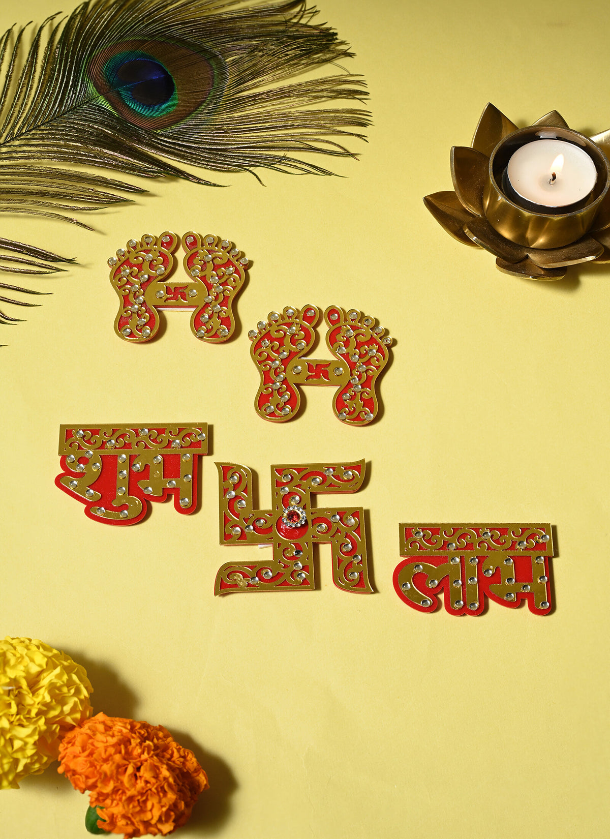 Madhoor Swastik Shubh Labh Set Lakshmi Feet Pagla Gold-Tone Red 3 Inches